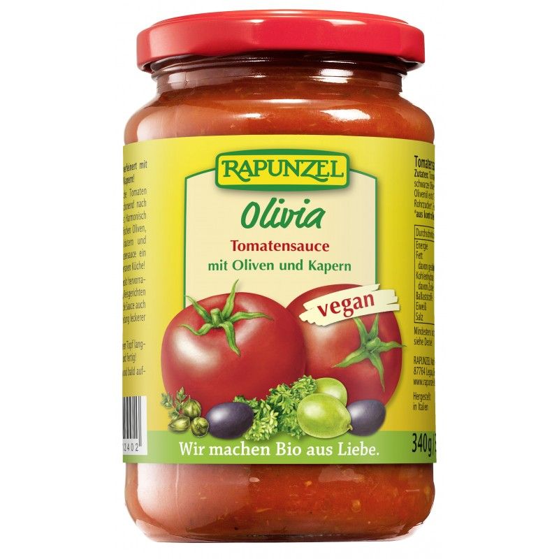 Bocal de sauce tomate. Inscription : Rapunzel Olivia Tomatensauce mit Oliven und Kapern. Label vegan. Illustration de tomates et d'olives.