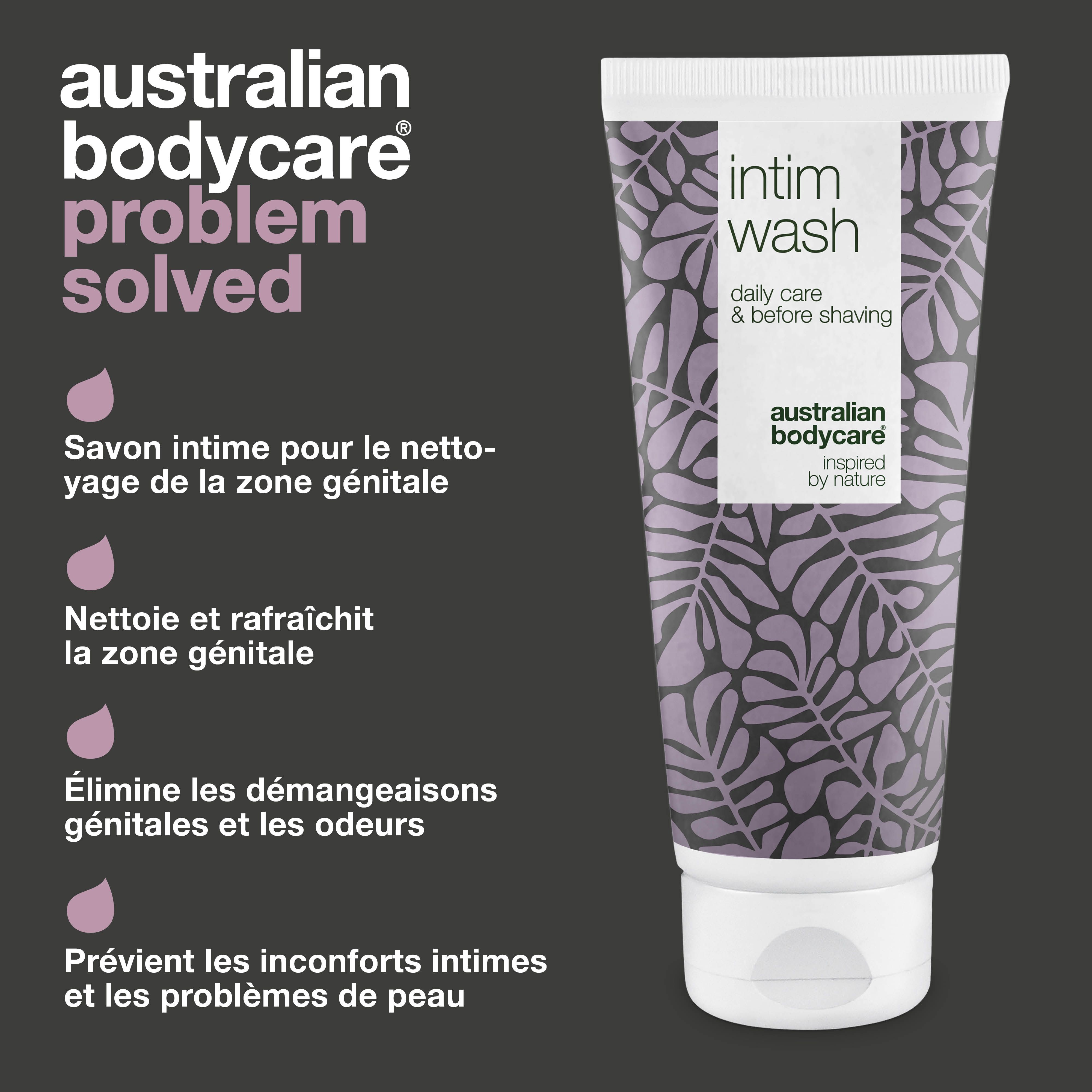 Tube avec inscription : Intim Wash, daily care & before shaving. Marque : Australian Bodycare. Solution : savon intime.