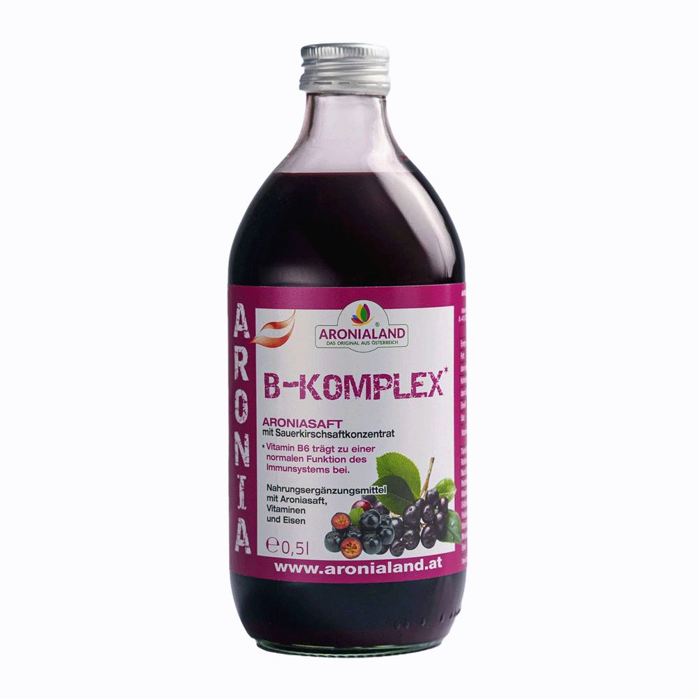 Bouteille de produit Aronia B-Komplex Aroniland de 0,5l. Contient du produit Aronia, des vitamines et du fer.