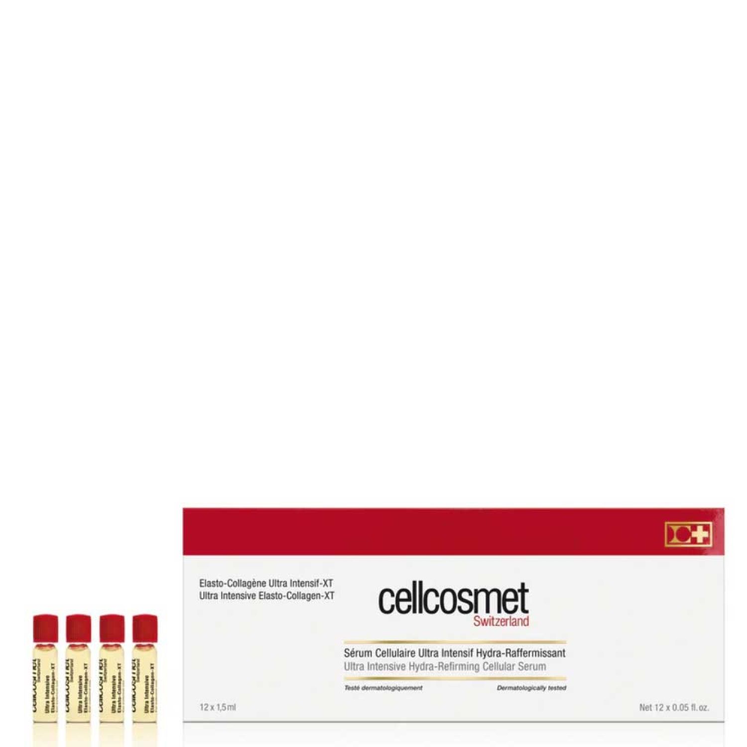 Boîte et ampoules. Emballage rouge et blanc avec nom et logo du produit. Quatre petites ampoules à côté.