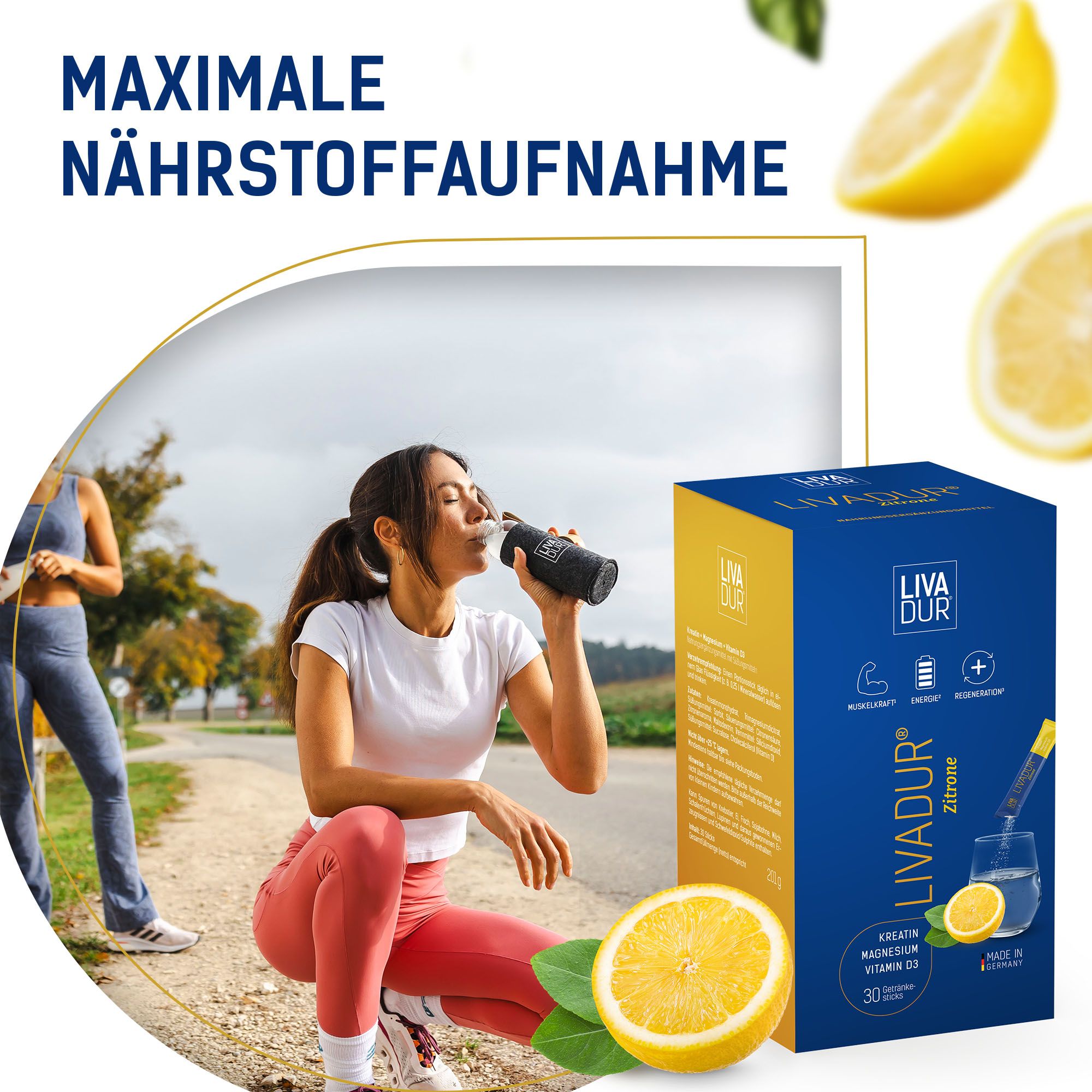 Frau trinkt aus einer Flasche. Im Hintergrund eine Frau beim Training. Box LIVADUR® Zitrone. Text: Maximale Nährstoffaufnahme.