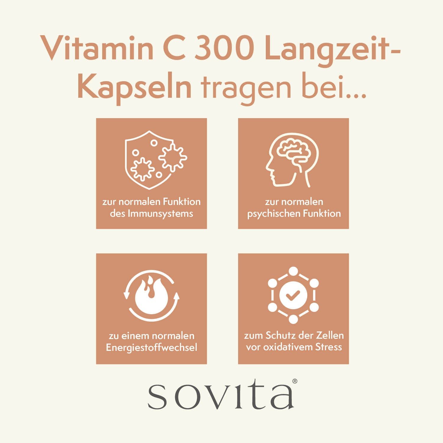 Vier Infografiken mit Icons und Texten: Immunsystem, psychische Funktion, Energiestoffwechsel, Schutz vor oxidativem Stress. SoVita Logo.