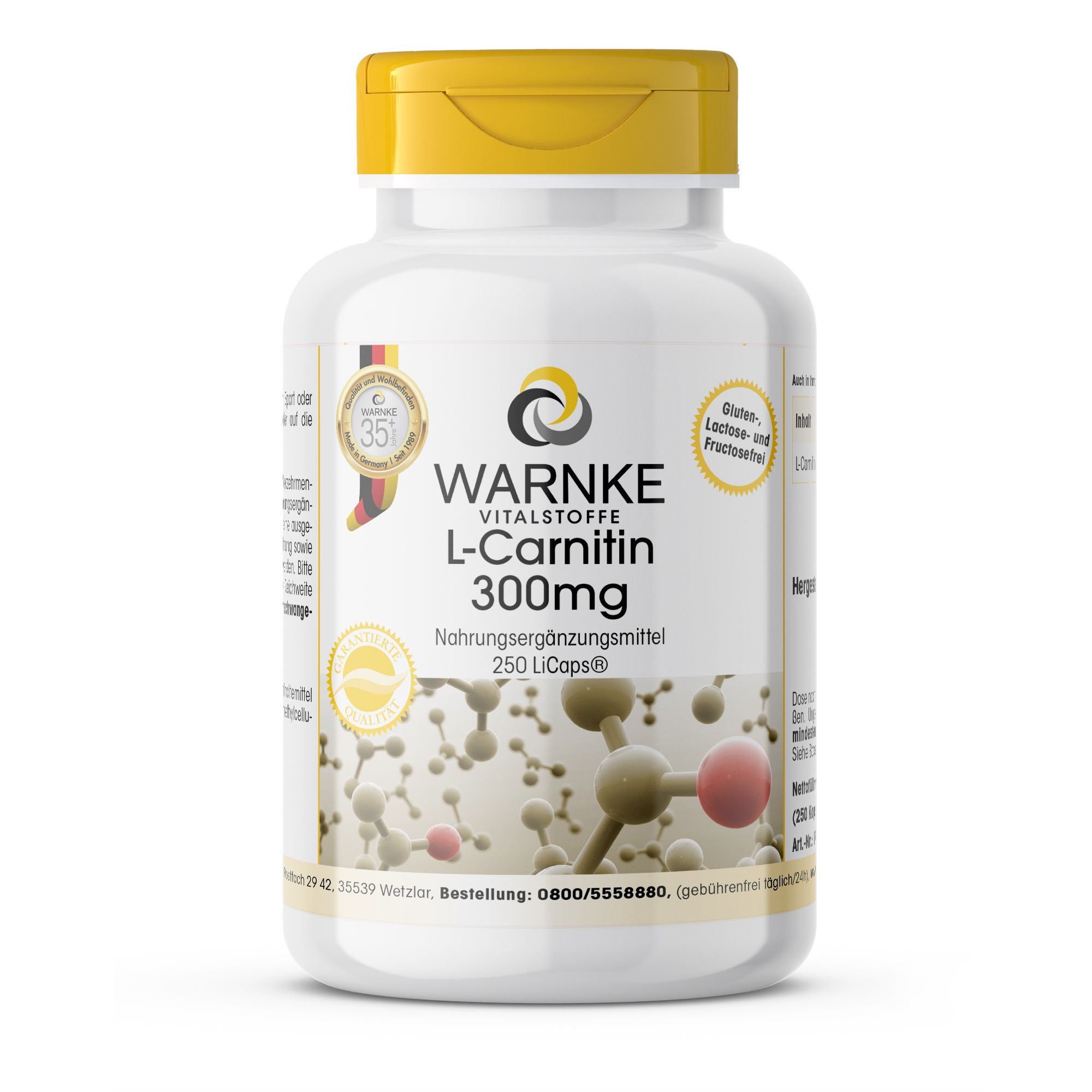 Weiße Flasche mit gelbem Deckel. Aufschrift: WARNKE Vitalstoffe L-Carnitin 300mg. Nahrungsergänzungsmittel. 250 LiCaps®. Mit Siegeln.