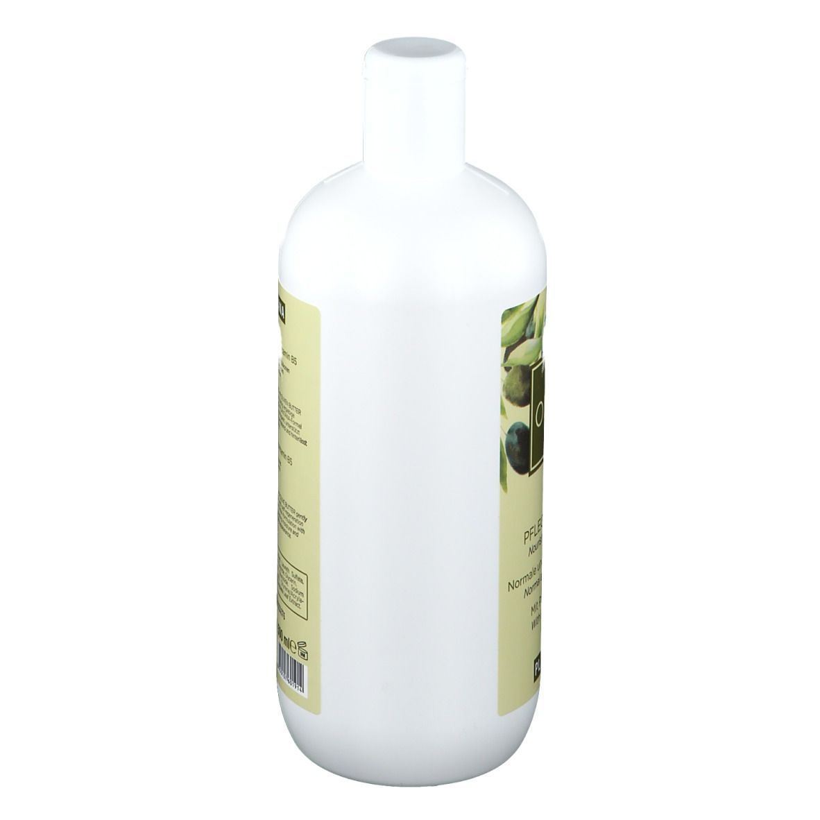 Weiße Flasche mit Etikett. Aufschrift in Deutsch und Englisch. Produktname nicht sichtbar.