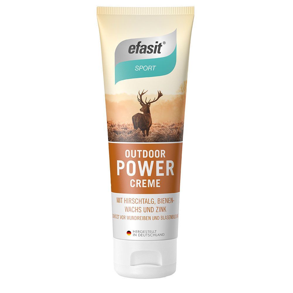Creme-Tube mit "efasit SPORT Outdoor Power Creme"-Aufdruck. Abbildung eines Hirsches. Text: "MIT HIRSCHTALG, BIENENWACHS UND ZINK". Hergestellt in Deutschland.