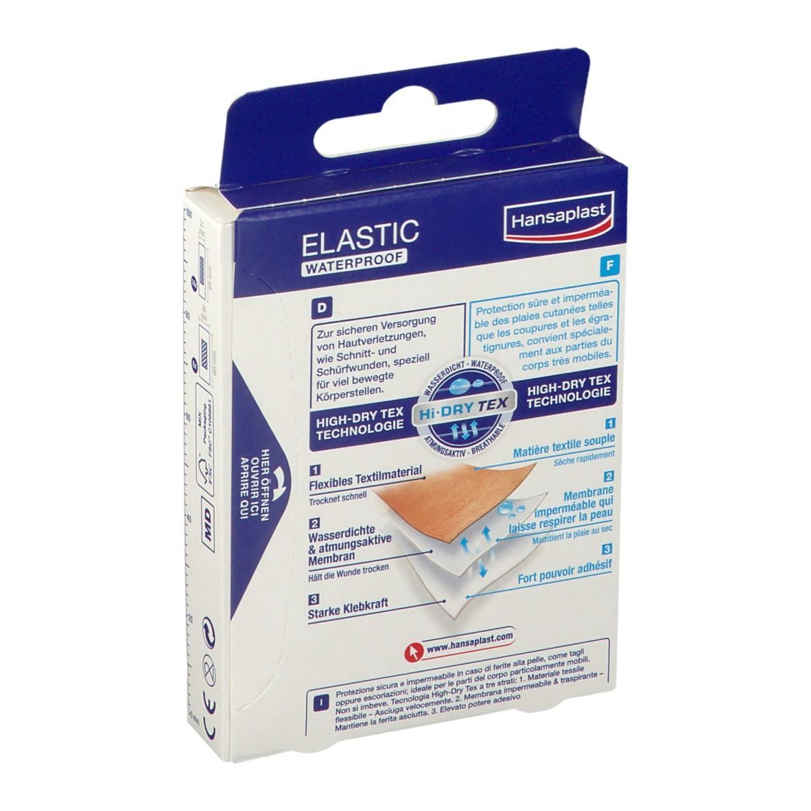 Rückseite der Hansaplast Elastic+ waterproof Verpackung. Text: High-Dry Tex Technologie. Flexible Textilmaterial, wasserdicht, atmungsaktiv.