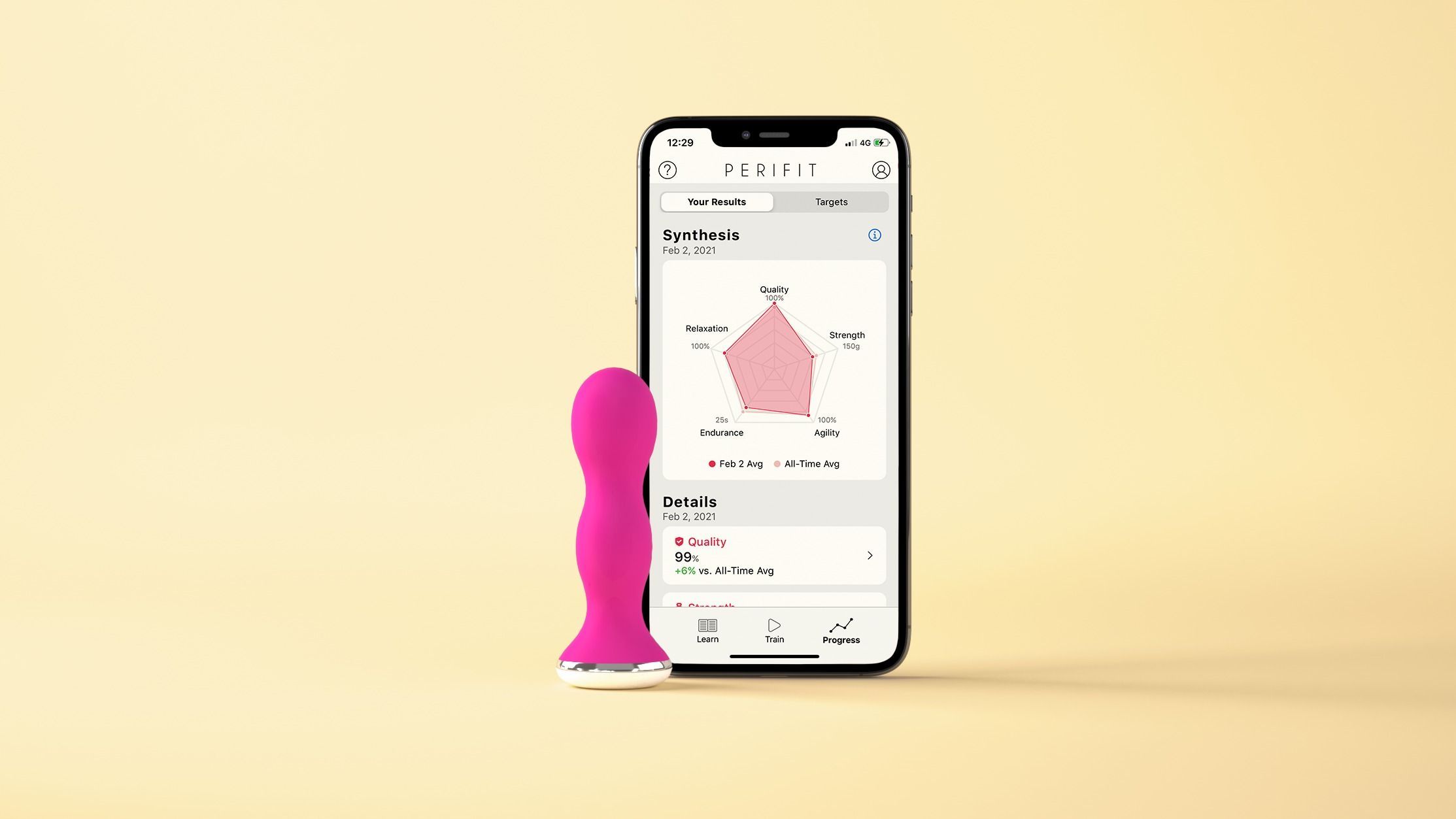 Pinkfarbener Beckenbodentrainer neben Smartphone. Smartphone zeigt Diagramm mit Trainingsergebnissen. Hintergrund gelb.