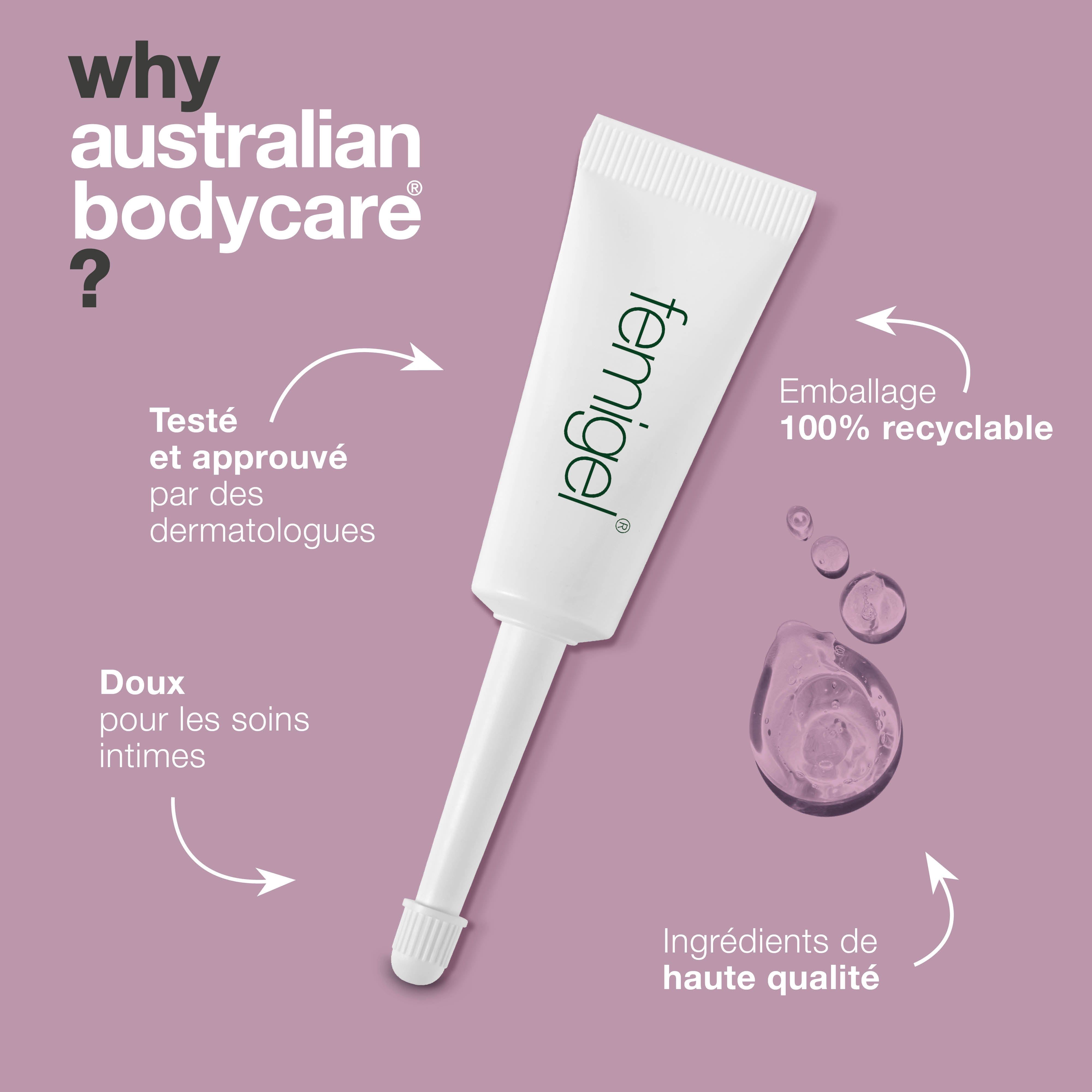 Tube Femigel avec applicateur. Texte : Femigel. Graphique : gouttes. Texte : Testé et approuvé, doux, ingrédients de haute qualité.