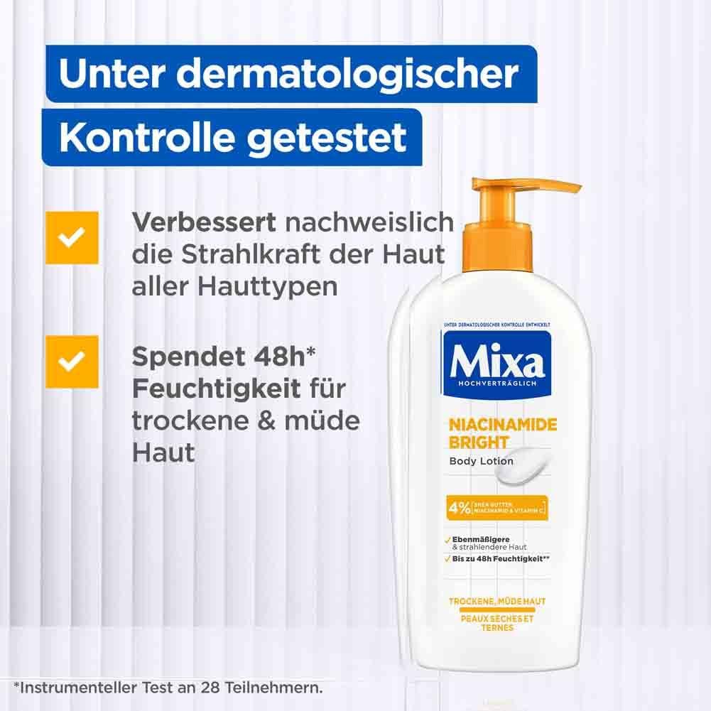 Flasche Mixa Niacinamide Bright Body Lotion. Text: Verbessert die Strahlkraft, spendet Feuchtigkeit.