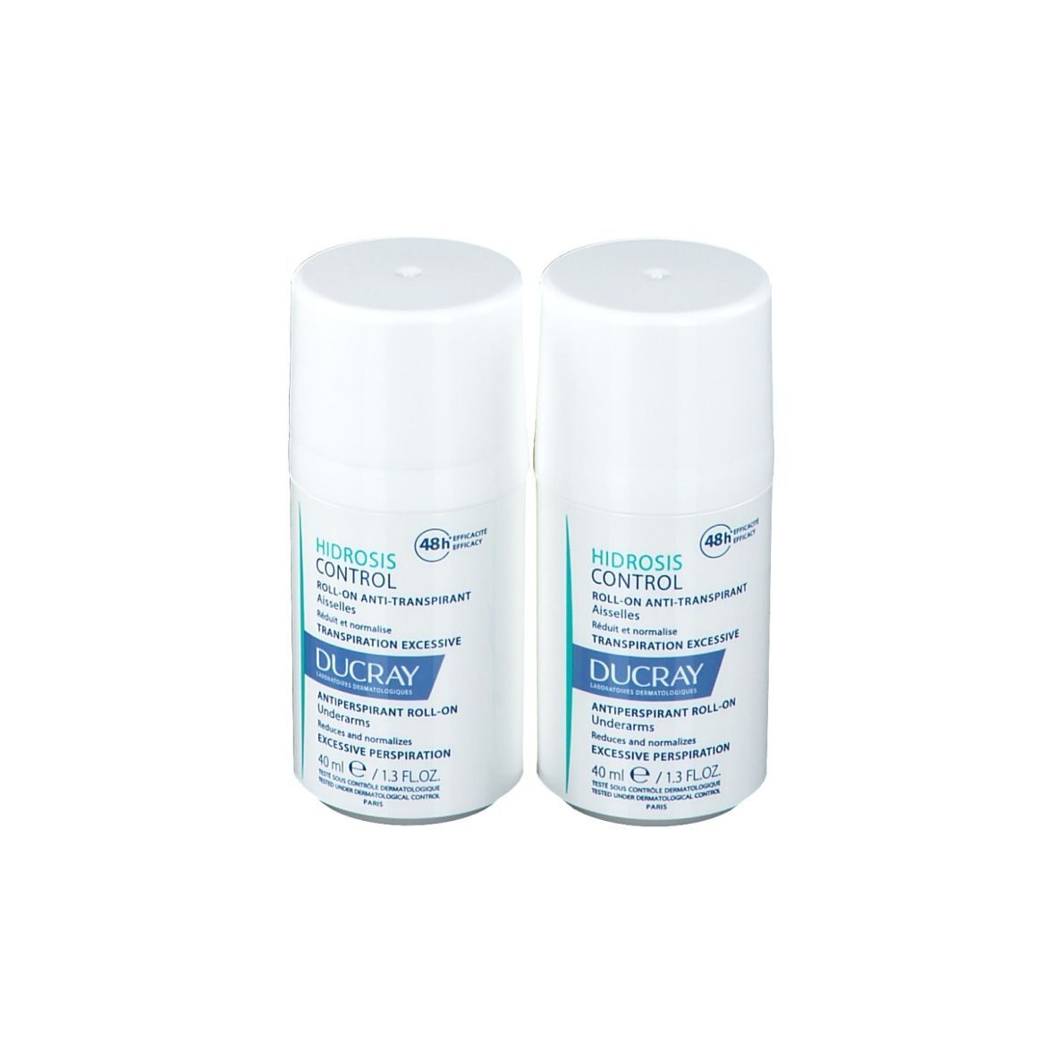 Deux flacons roll-on blancs. Inscription: HIDROSIS CONTROL, DUCRAY, 40 ml.