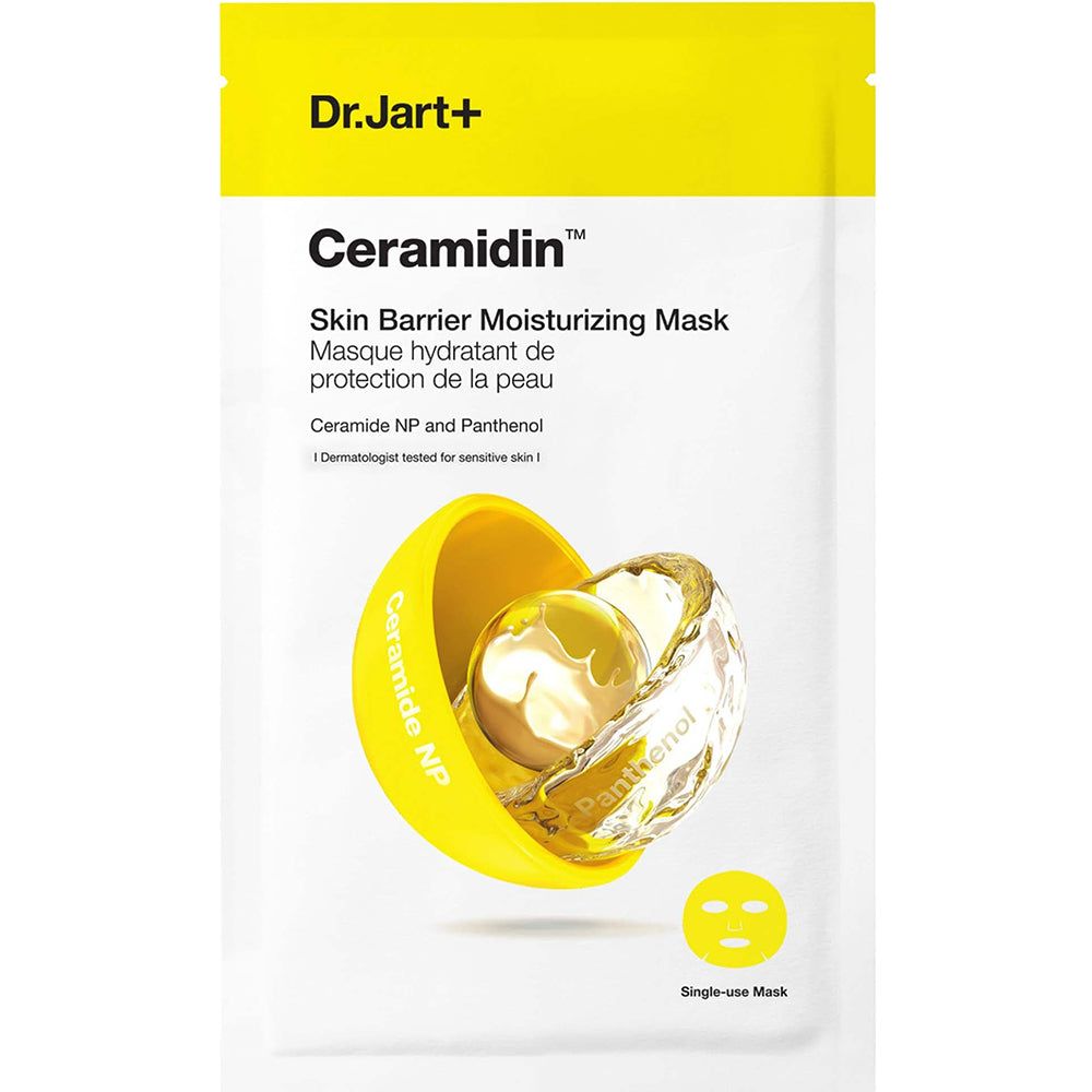Dr.Jart+ Ceramidin Skin Barrier Moisturizing Mask. Gelbe Verpackung mit Produktabbildung und Text.