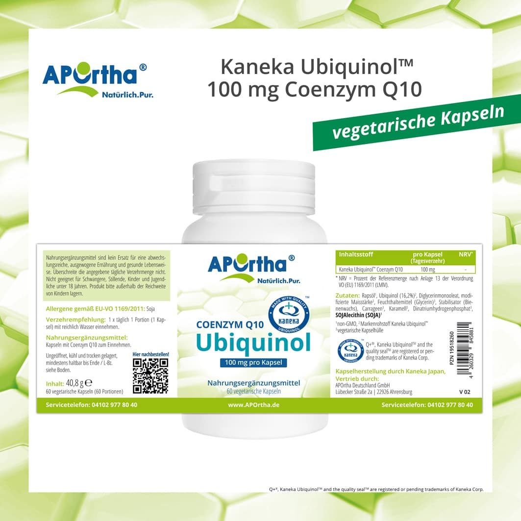 Produktverpackung von APOrtha® Kaneka Ubiquinol™. Flasche mit Etikett, Text: Coenzym Q10 Ubiquinol, 100 mg pro Kapsel. Zusätzliche Informationen.