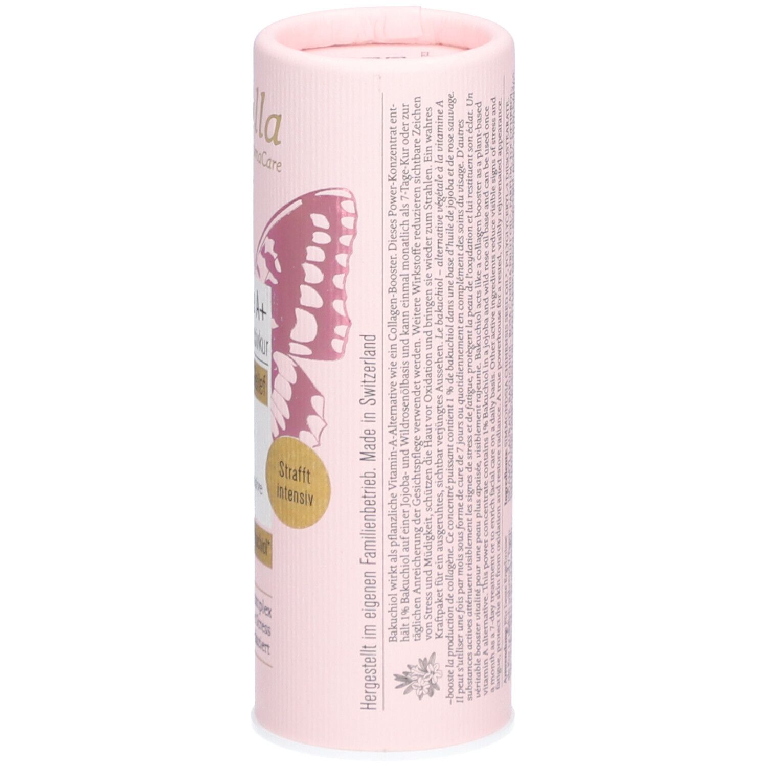 Rosa zylindrische Verpackung, Seitenansicht. Enthält Text, u.a. "Made in Switzerland" und Informationen.