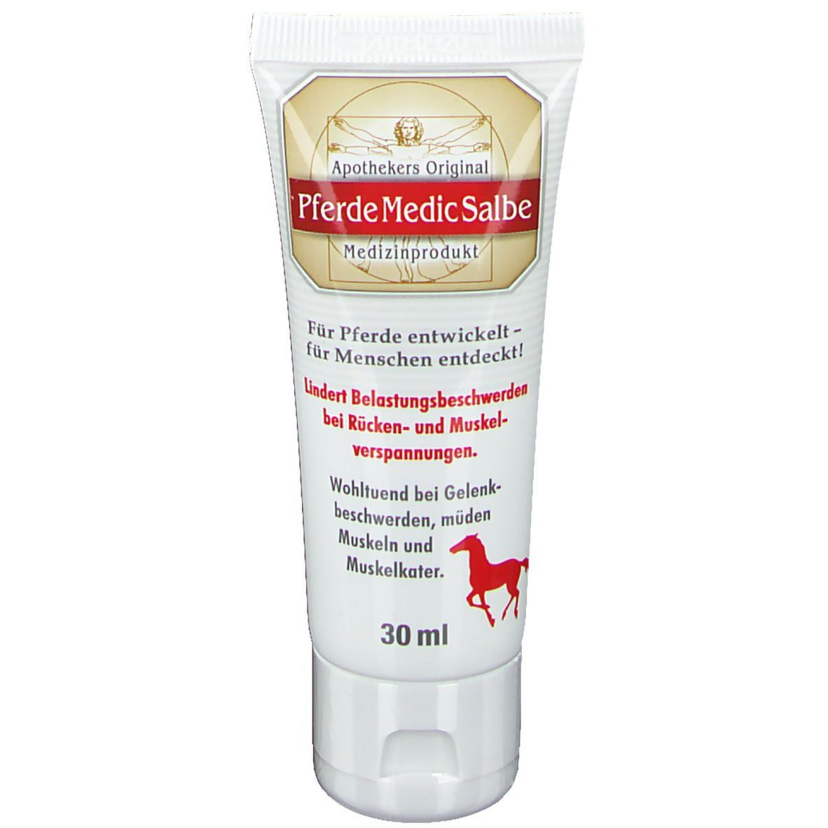 Tube Apothekers Original PferdeMedicSalbe, 30 ml. Logo cheval rouge. Produit médical. Texte: Développé pour les chevaux - découvert pour les humains!