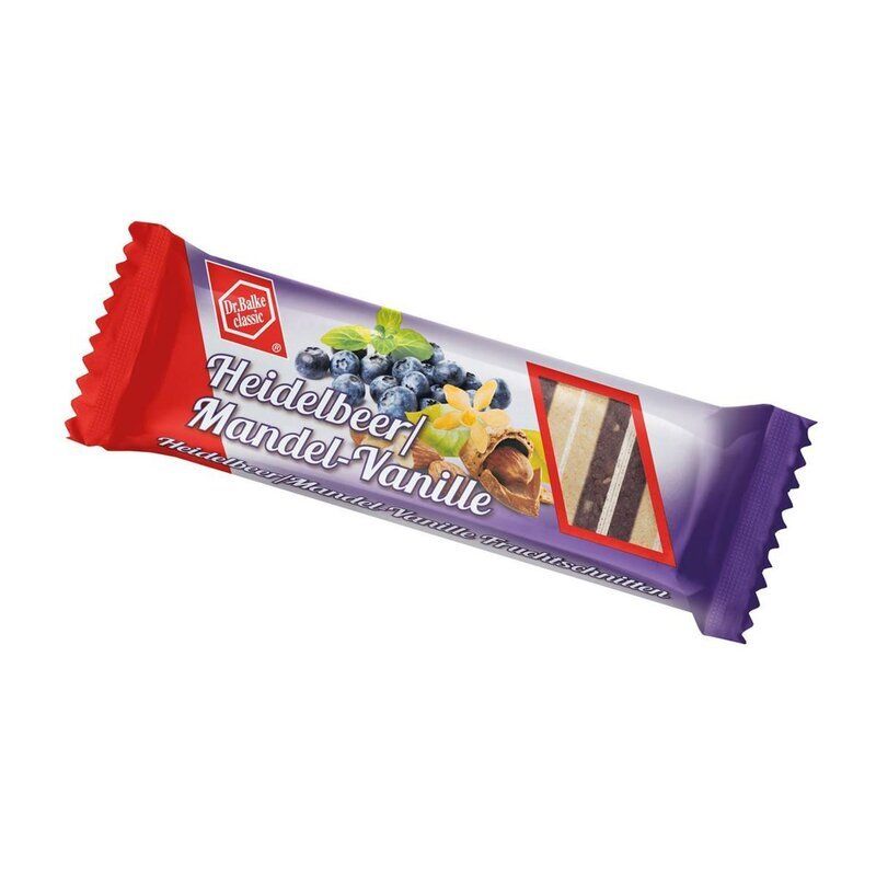 Emballage de Dr. Balke FS Heidelbeere Mandel Vanille. Emballage rouge et violet avec nom du produit et illustration de myrtilles.