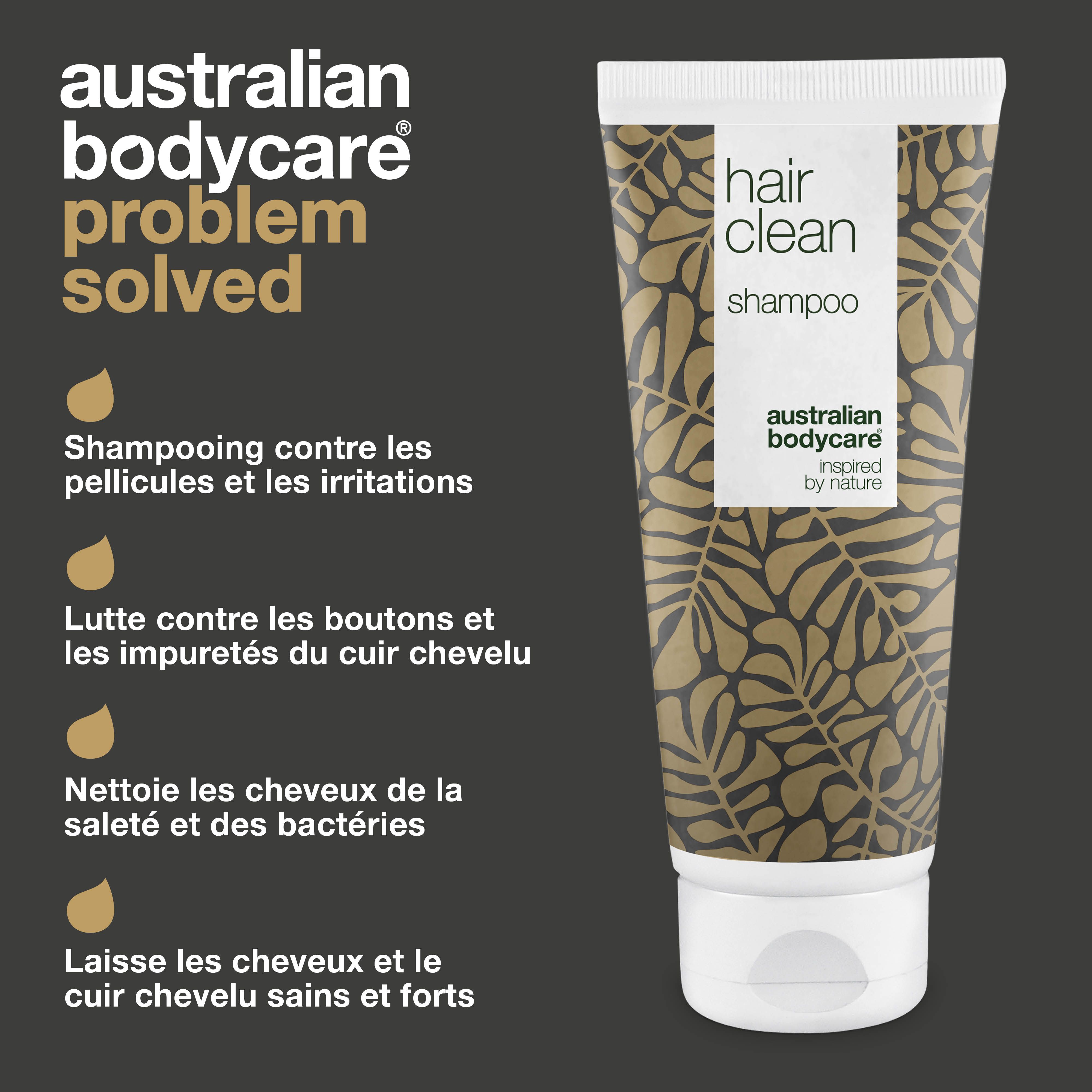 Tube de shampooing avec texte. Inscription : hair clean, australian bodycare. Avantages : anti-pelliculaire, contre les irritations.