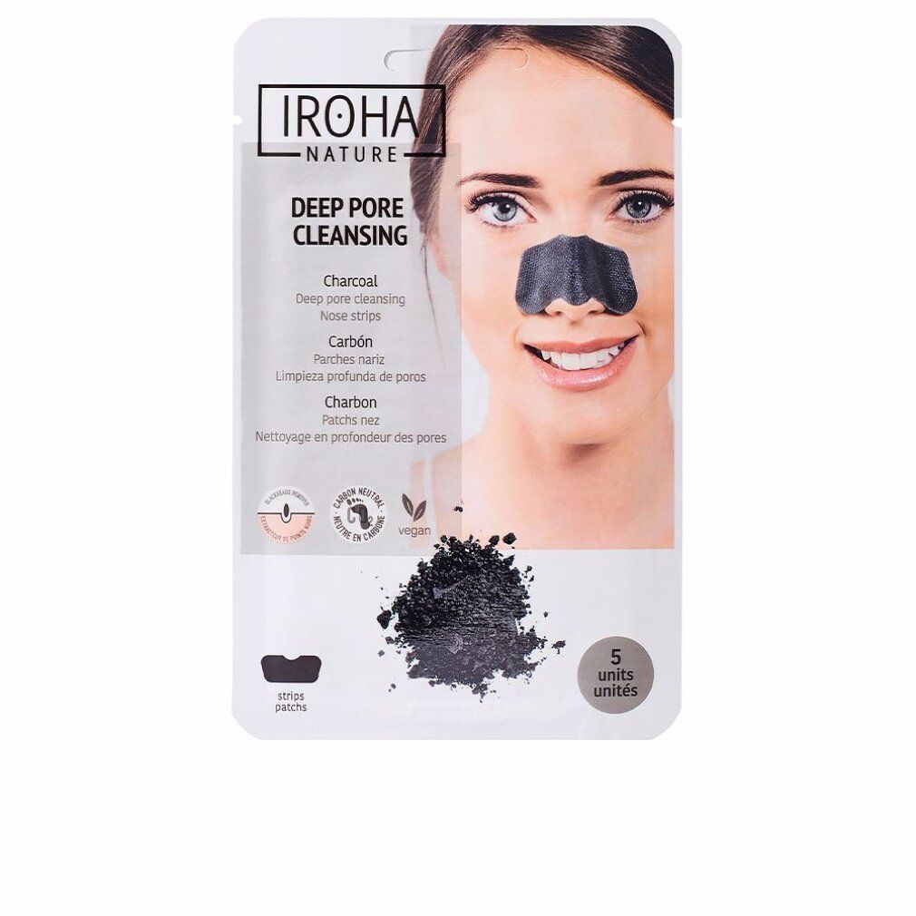 Verpackung mit Nasenstreifen. Aufdruck: Iroha Nature, Deep Pore Cleansing, Charcoal, 5 Stück. Frau mit Nasenpflaster.