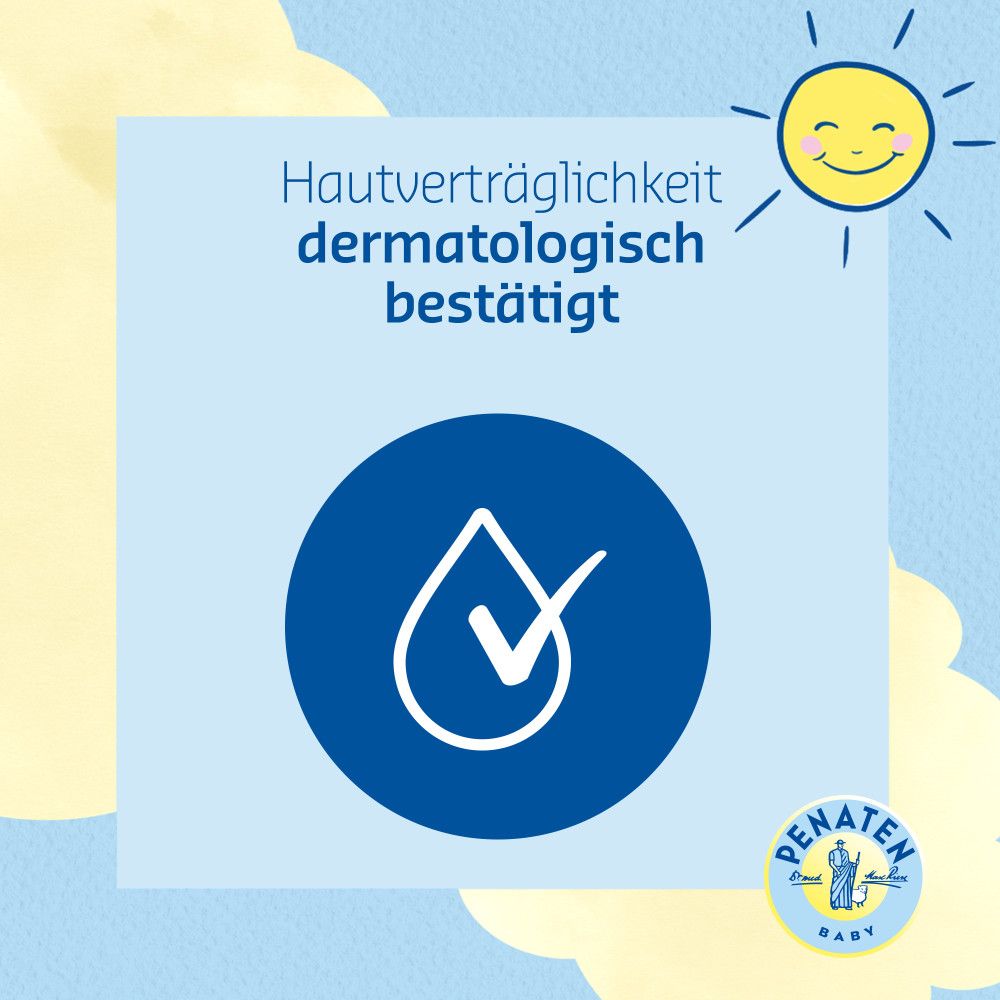 Blauer Kreis mit Häkchen. Text: Hautverträglichkeit dermatologisch bestätigt. Logo: PENATEN BABY.