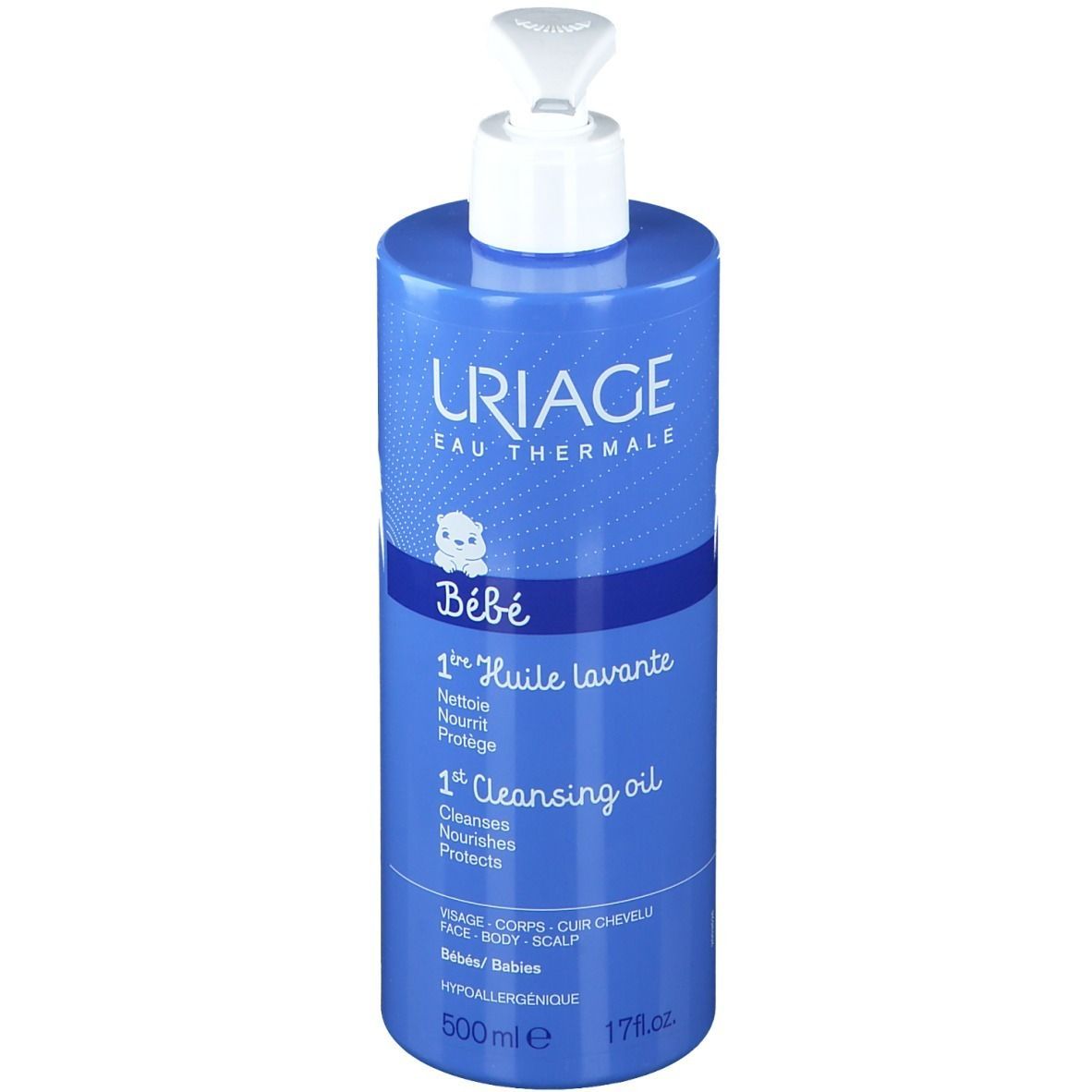 Blaue Flasche mit weißem Pumpverschluss. Uriage Bébé 1er Huile lavante. Für Gesicht, Körper und Kopfhaut. 500ml.