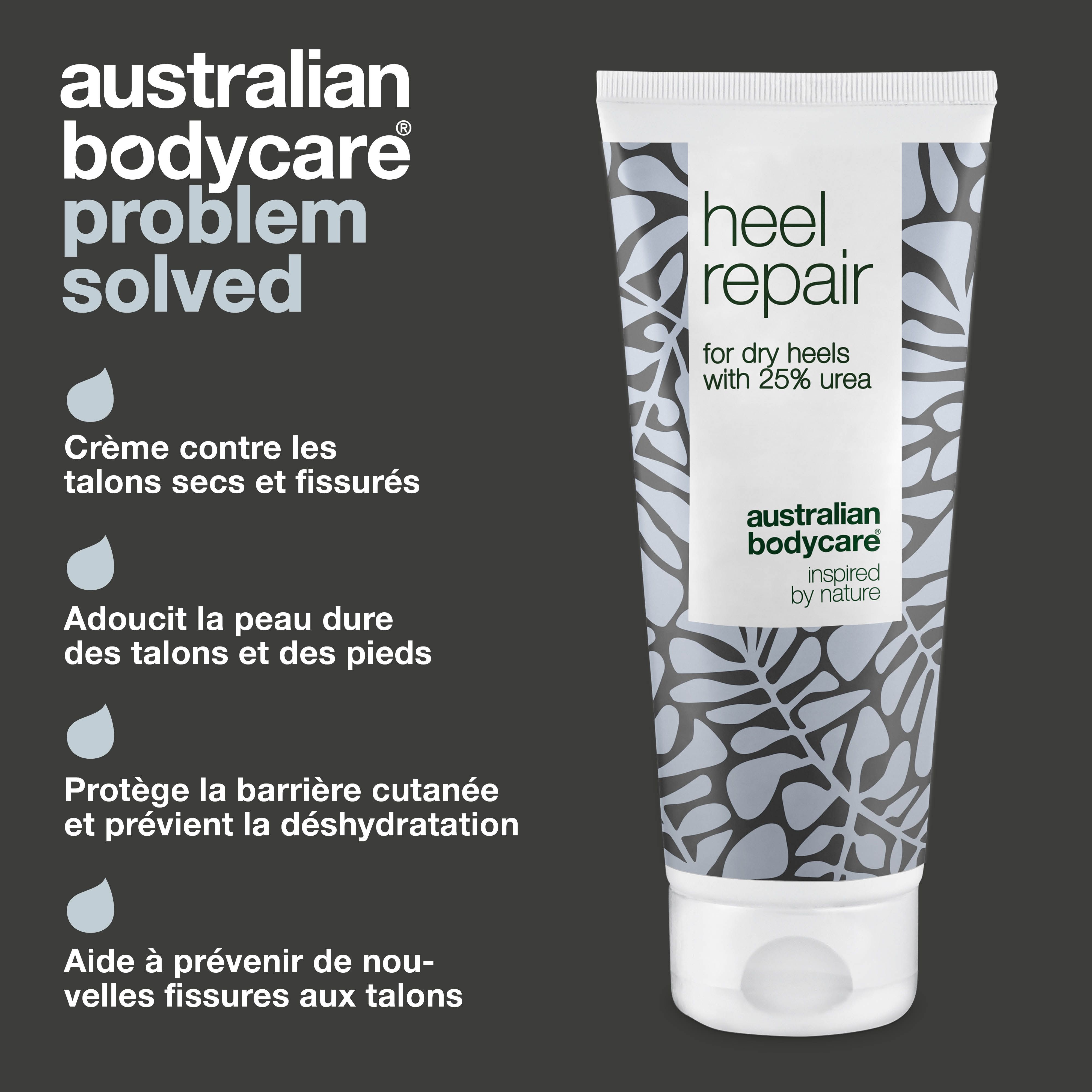 Tube de crème: Heel Repair, pour talons secs, 25% urée. Marque: Australian Bodycare. Texte: Problème résolu. Gouttes.