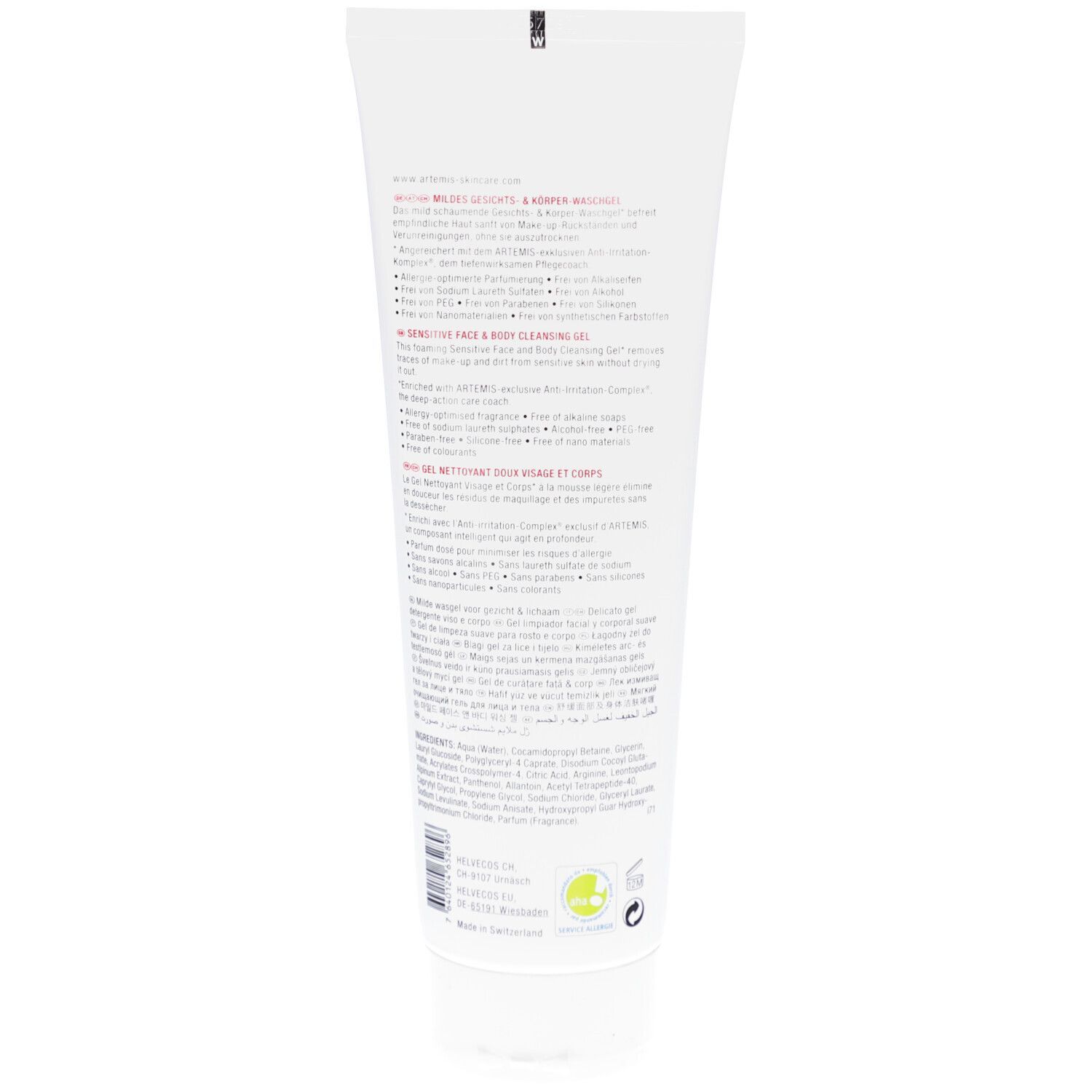 Tube blanche avec texte. Dos avec ingrédients et informations. Logo vert et jaune.