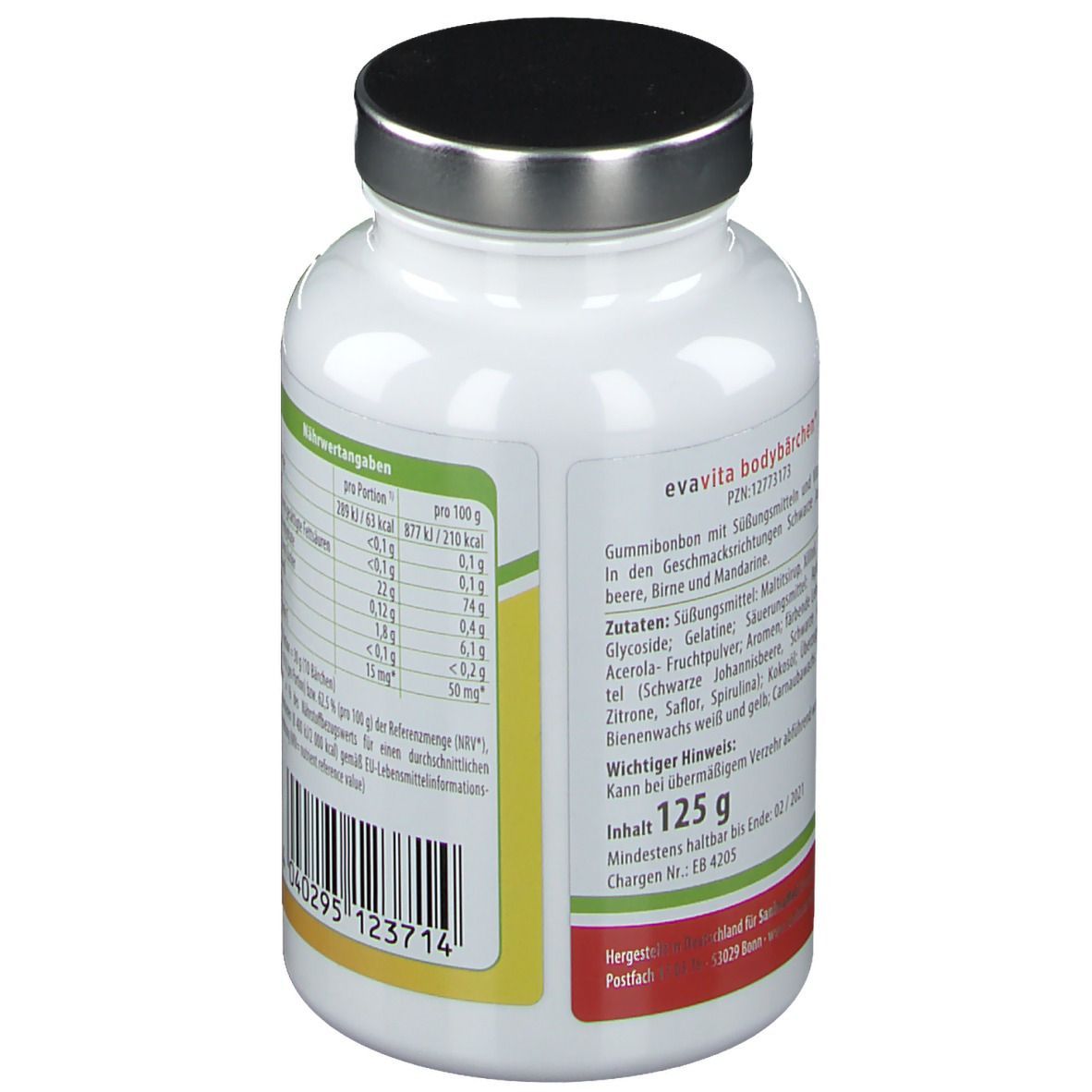 Flacon blanc avec couvercle noir. Dos avec informations nutritionnelles et ingrédients. Texte en allemand.