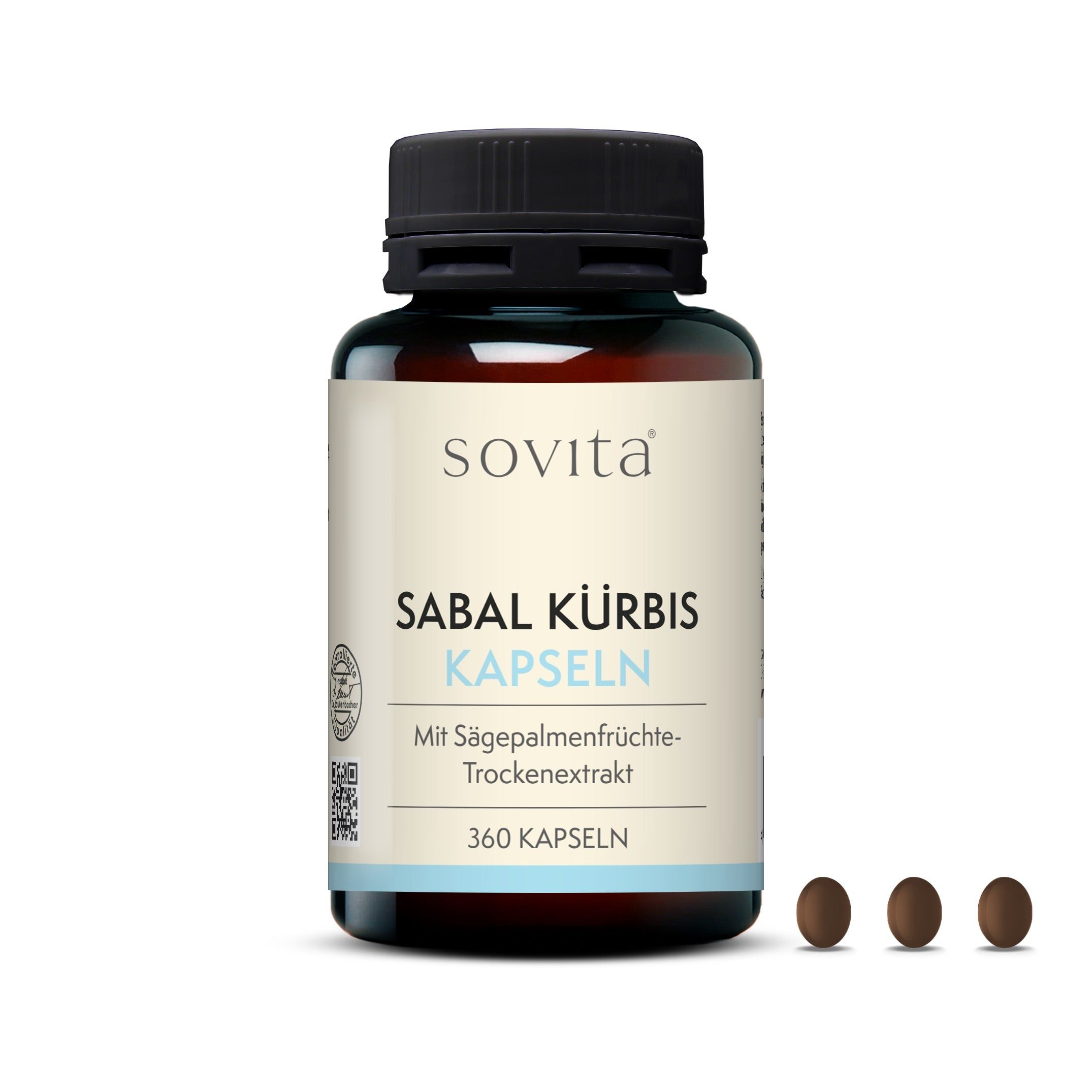Flacon en verre brun avec bouchon noir. Inscription: Sabal Kürbis Kapseln, 360 gélules. Trois gélules à côté.