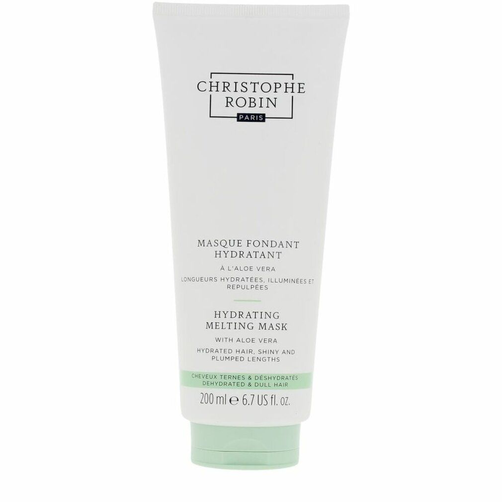 Weiße Tube mit grünem Deckel. Text: CHRISTOPHE ROBIN PARIS, Masque Fondant Hydratant, Hydrating Melting Mask, mit Aloe Vera. 200 ml.