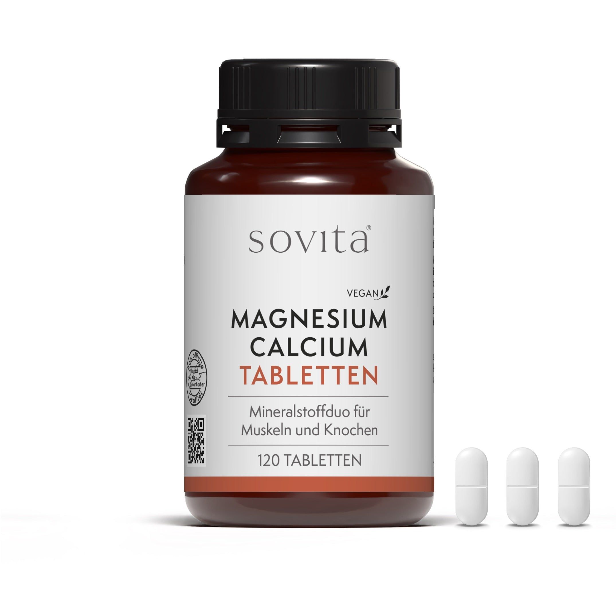 Flacon SoVita® Magnesium Calcium Tabletten avec 3 gélules à côté. Texte: Vegan, 120 comprimés, Mineralstoffduo.