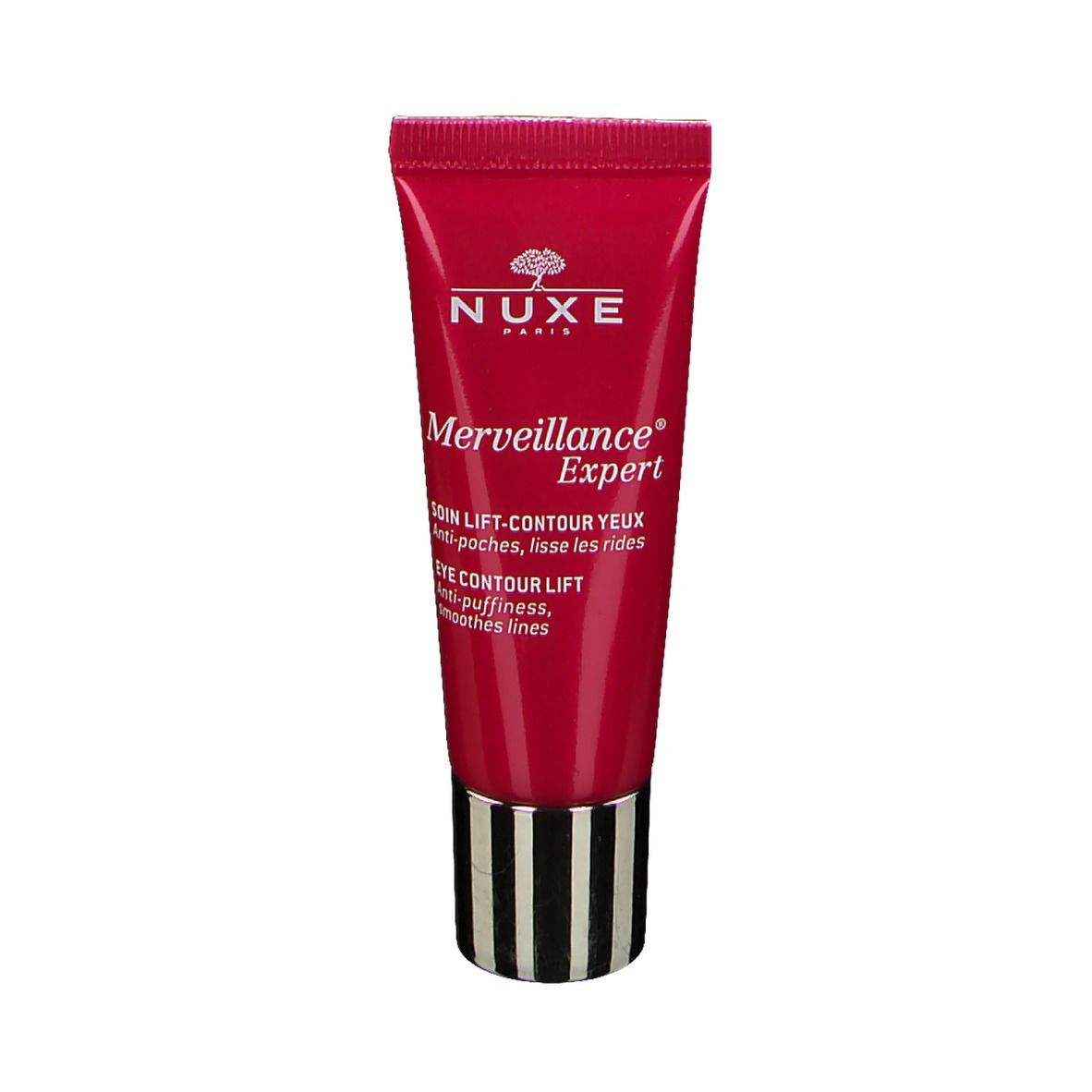 Tube rouge avec base rayée noir et blanc. Inscription: NUXE, Merveillance Expert, soin contour des yeux.