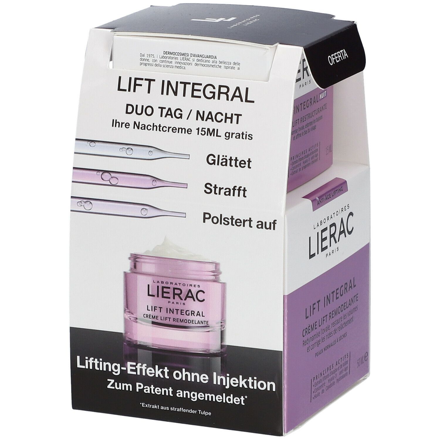Verpackung mit LIERAC LIFT INTEGRAL Creme. Die Verpackung enthält eine Creme und eine kleinere Creme, mit Text und Produktnamen.