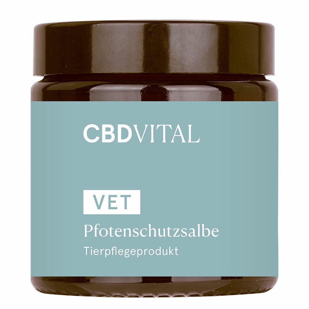Pot en verre avec couvercle. Étiquette avec "CBDVITAL", "VET", "PfotenSchutzsalbe" et "Tierpflegeprodukt".