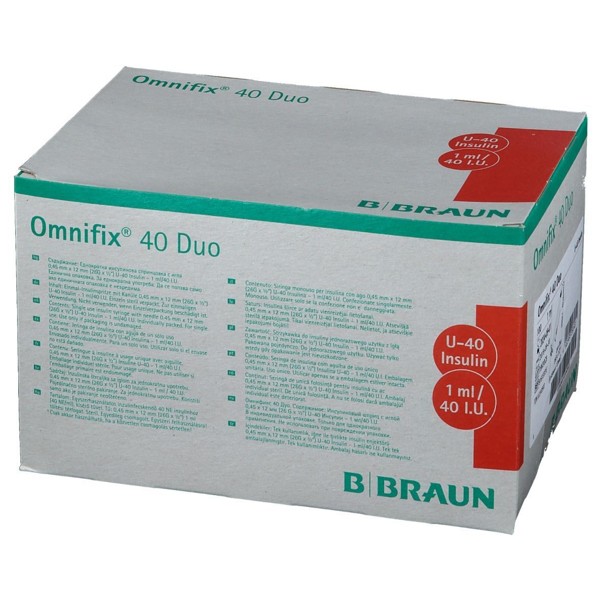 Boîte Omnifix 40 Duo. Carton gris-blanc avec marquage rouge. Texte: U-40 Insuline, 1 ml/40 UI. Logo B. Braun.