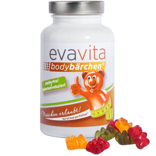 Flacon blanc avec couvercle noir. Inscription : evavita bodybärchen, sans sucre, réduit en calories. Ours avec mètre ruban. Bonbons gélifiés à côté.