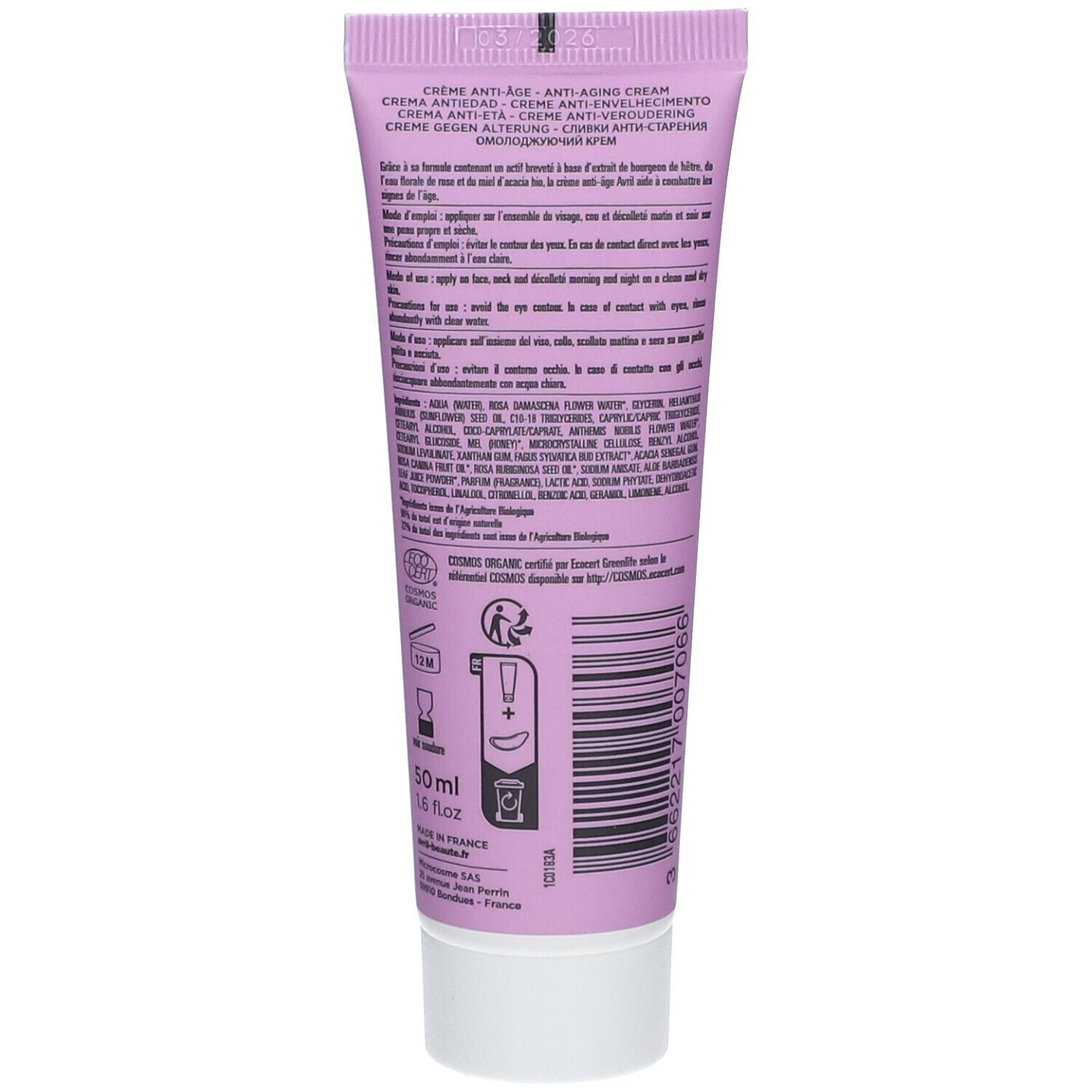 Rückseite einer rosa Tube mit weißem Verschluss. Text in mehreren Sprachen. Zertifizierung.