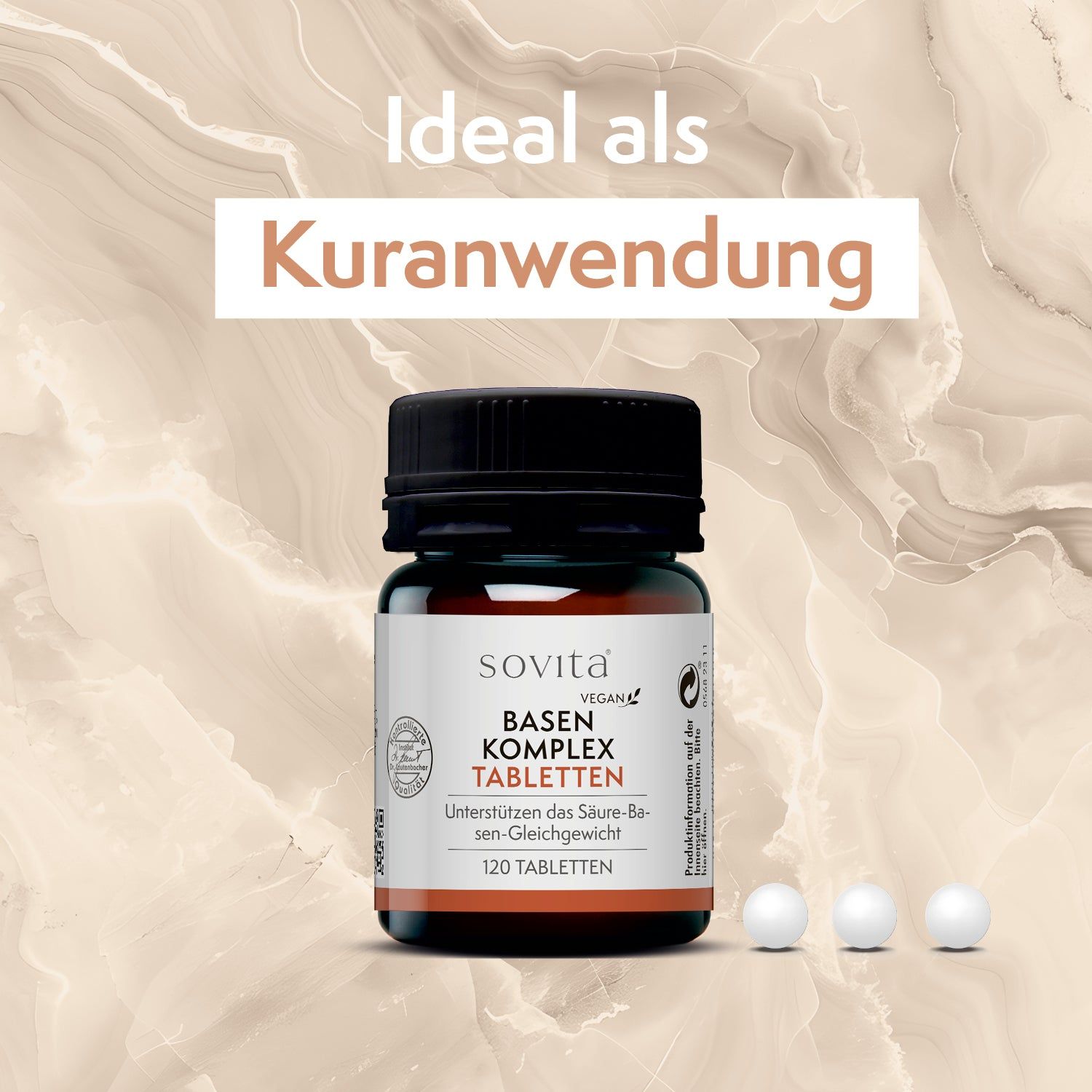 Braune Glasflasche mit schwarzen Deckel und 3 Tabletten. Aufschrift: sovita, Basen Komplex Tabletten, 120 Tabletten.