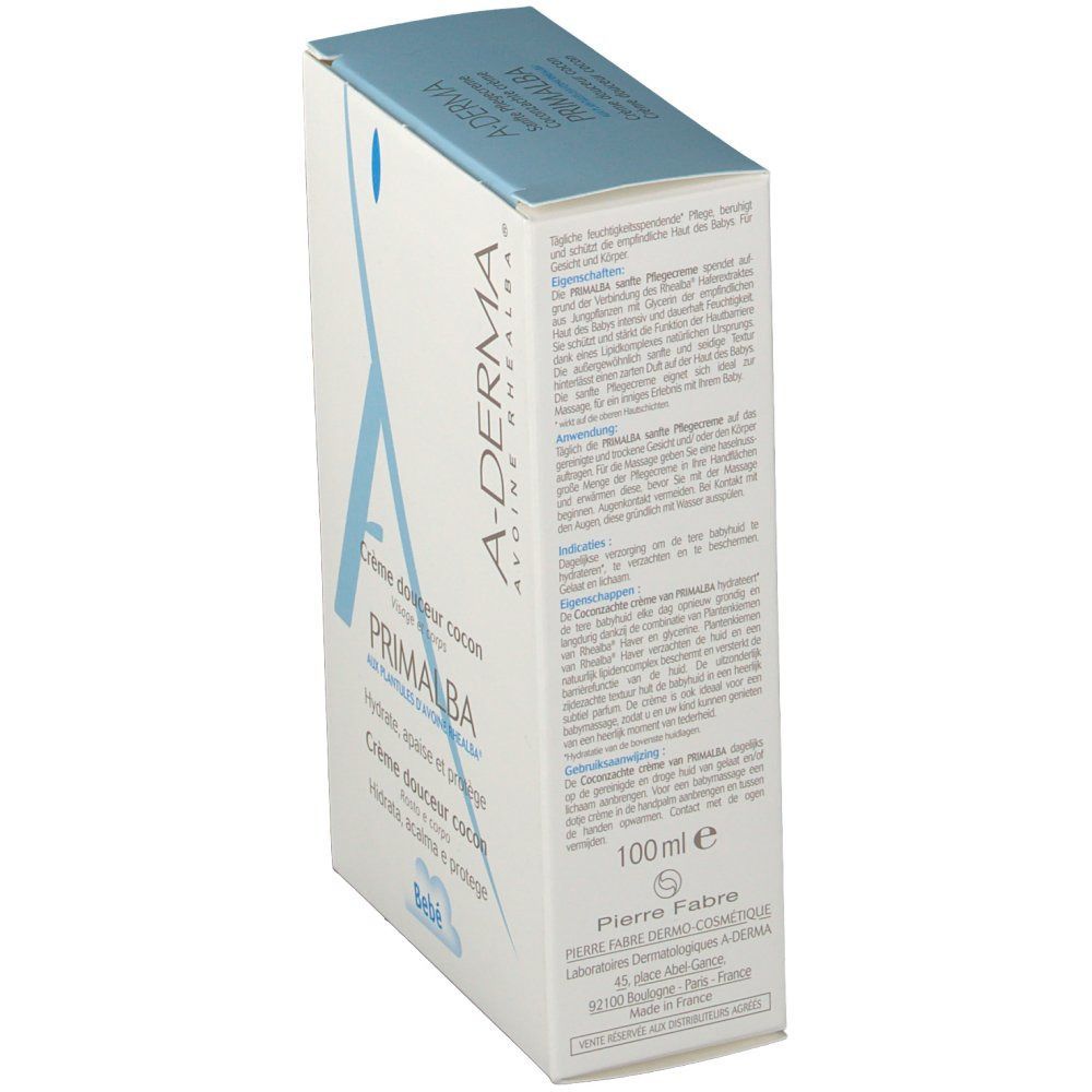 Boîte en carton. Logo A-DERMA et PRIMALBA. Texte : Crème douceur cocon, 100 ml. Pierre Fabre.