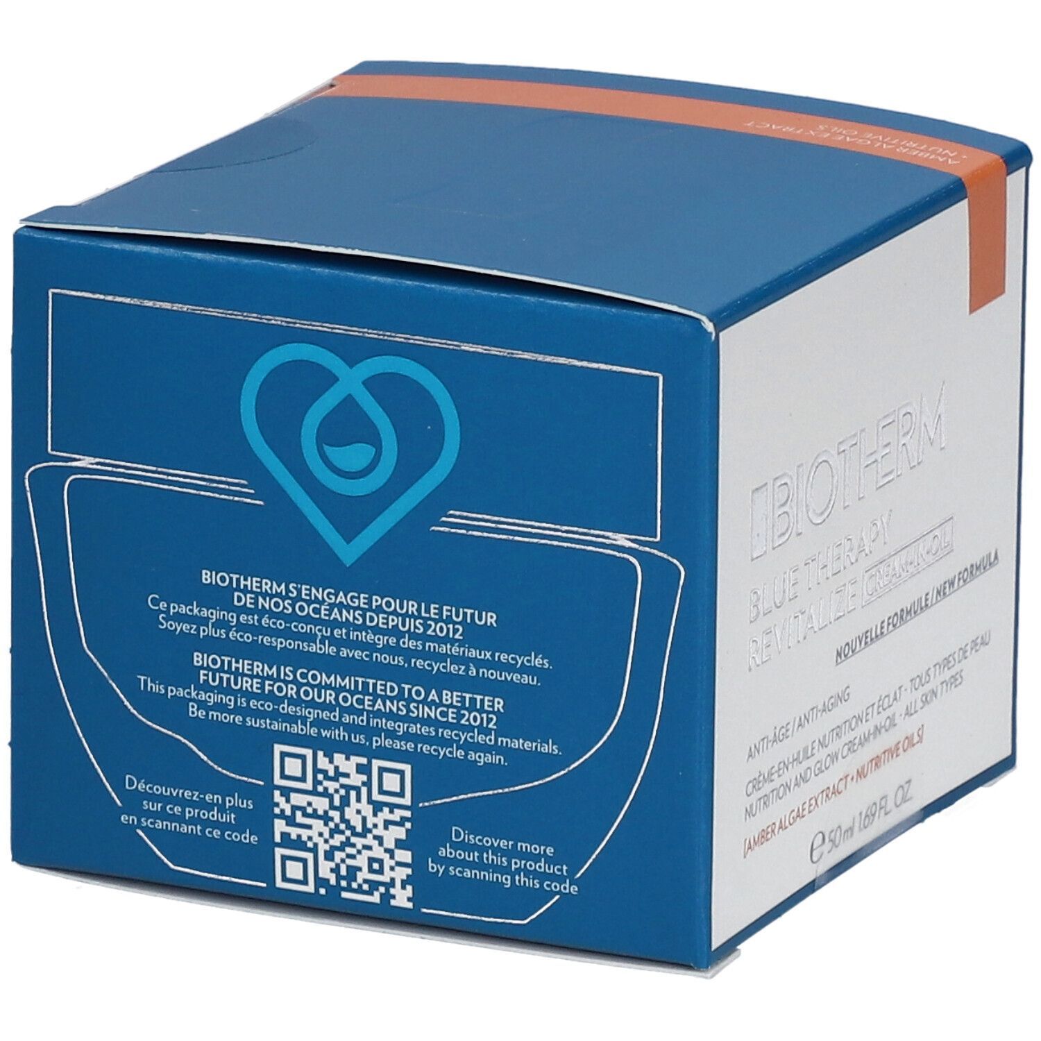 Dos de la boîte bleue. Logo BIOTHERM, texte sur l'engagement pour l'avenir des océans et code QR.