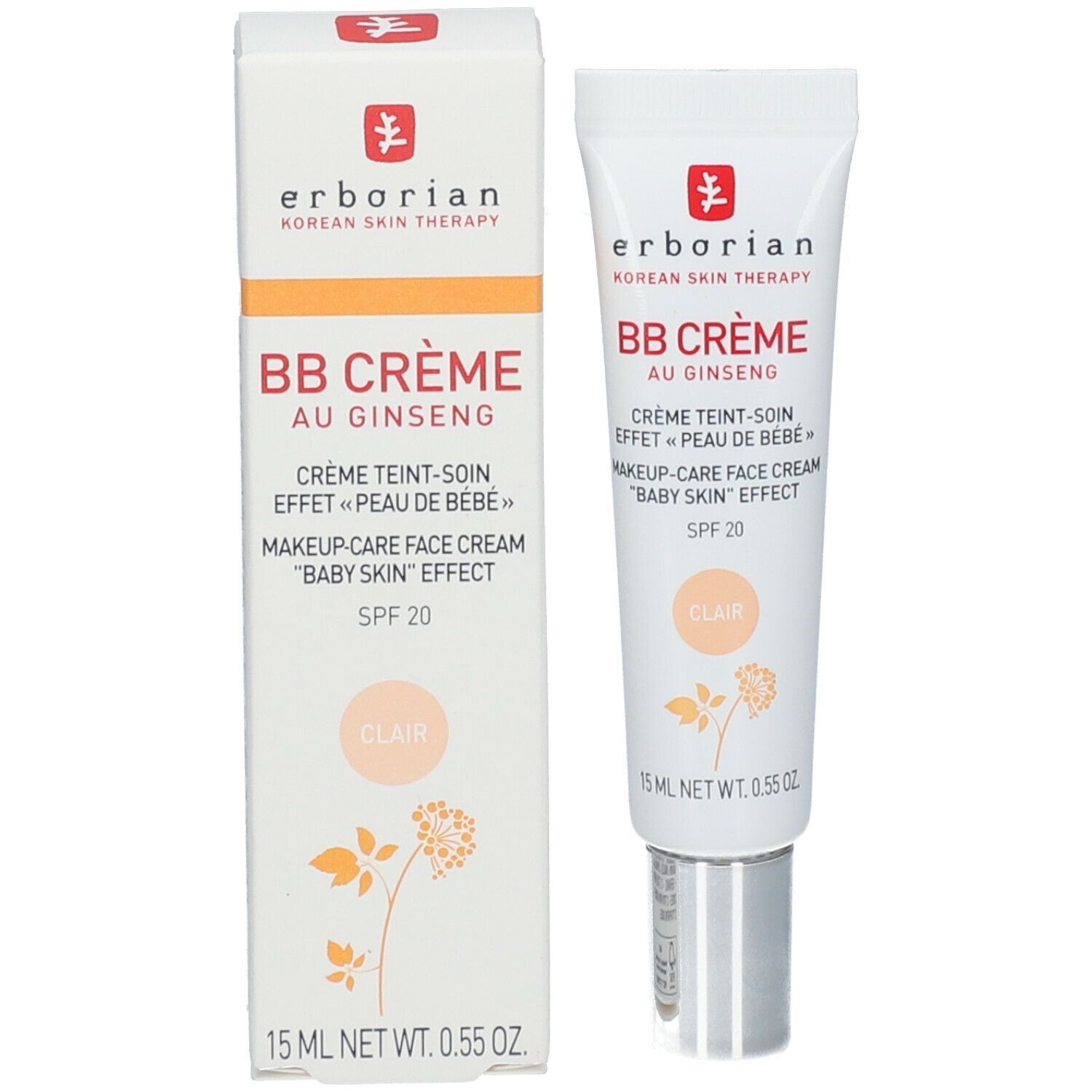 Produkt und Verpackung. Weiße Tube und Schachtel. Aufschrift: BB Crème au Ginseng, Clair, SPF 20. 15 ml.