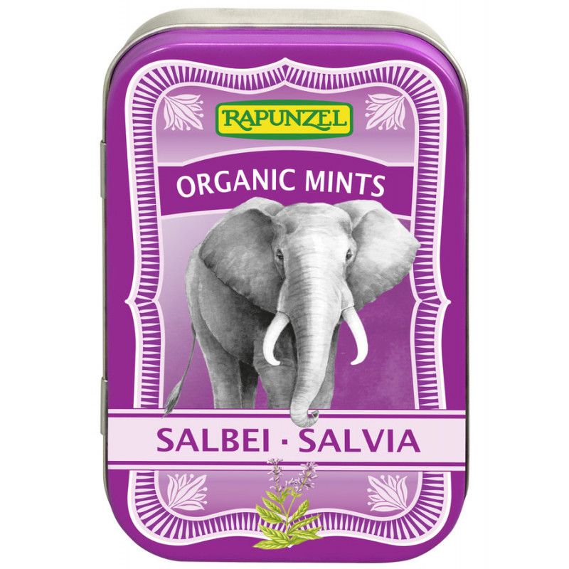 Violette Metallbox mit Aufschrift "Rapunzel Organic Mints". Ein Elefant ist abgebildet. Text: Salbei Salvia.