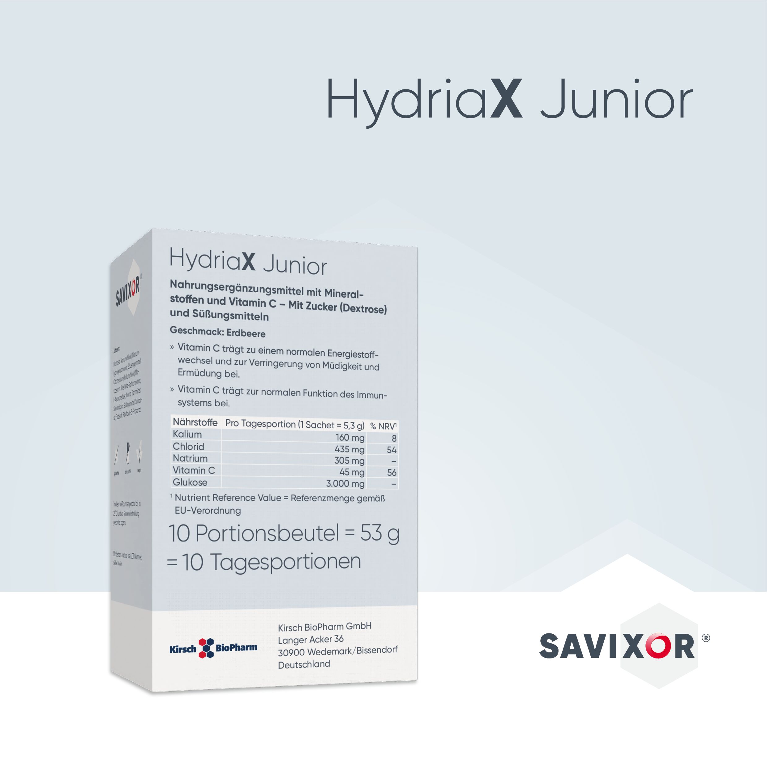 Savixor HydriaX Junior, Nahrungsergänzungsmittel mit Mineralstoffen und Vitamin C. 10 Portionsbeutel. Enthält Dextrose und Zucker.