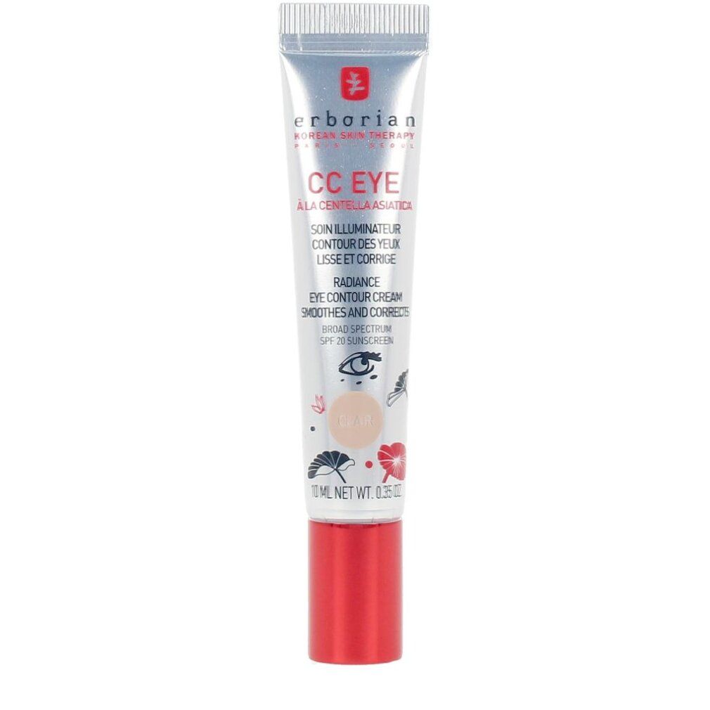 Tube mit Aufschrift: CC EYE, Radiance Eye Contour Cream, clair. Silberfarben, roter Deckel, floral.