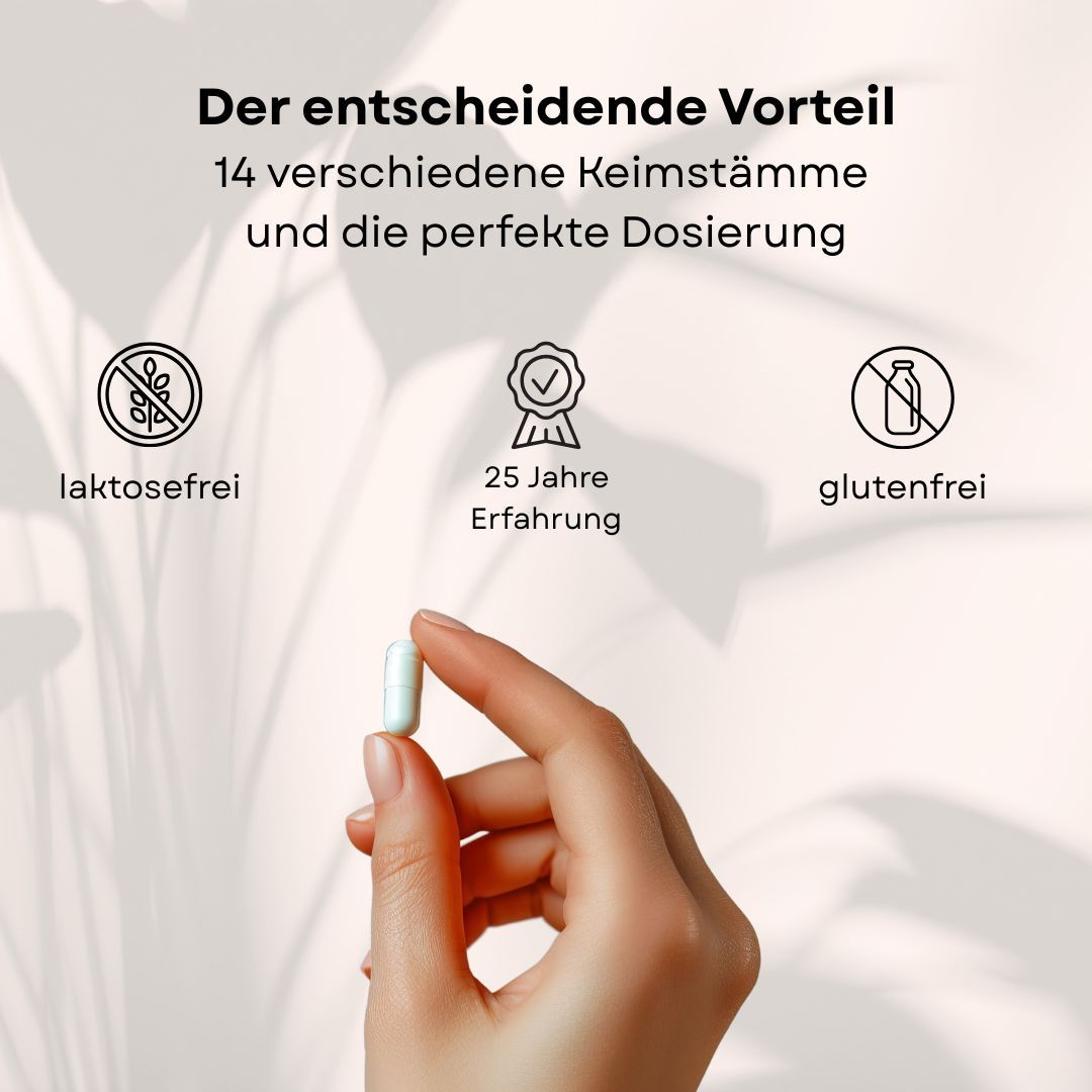 Hand hält eine Kapsel. Text: 14 Keimstämme und perfekte Dosierung. Laktosefrei, 25 Jahre Erfahrung, glutenfrei.