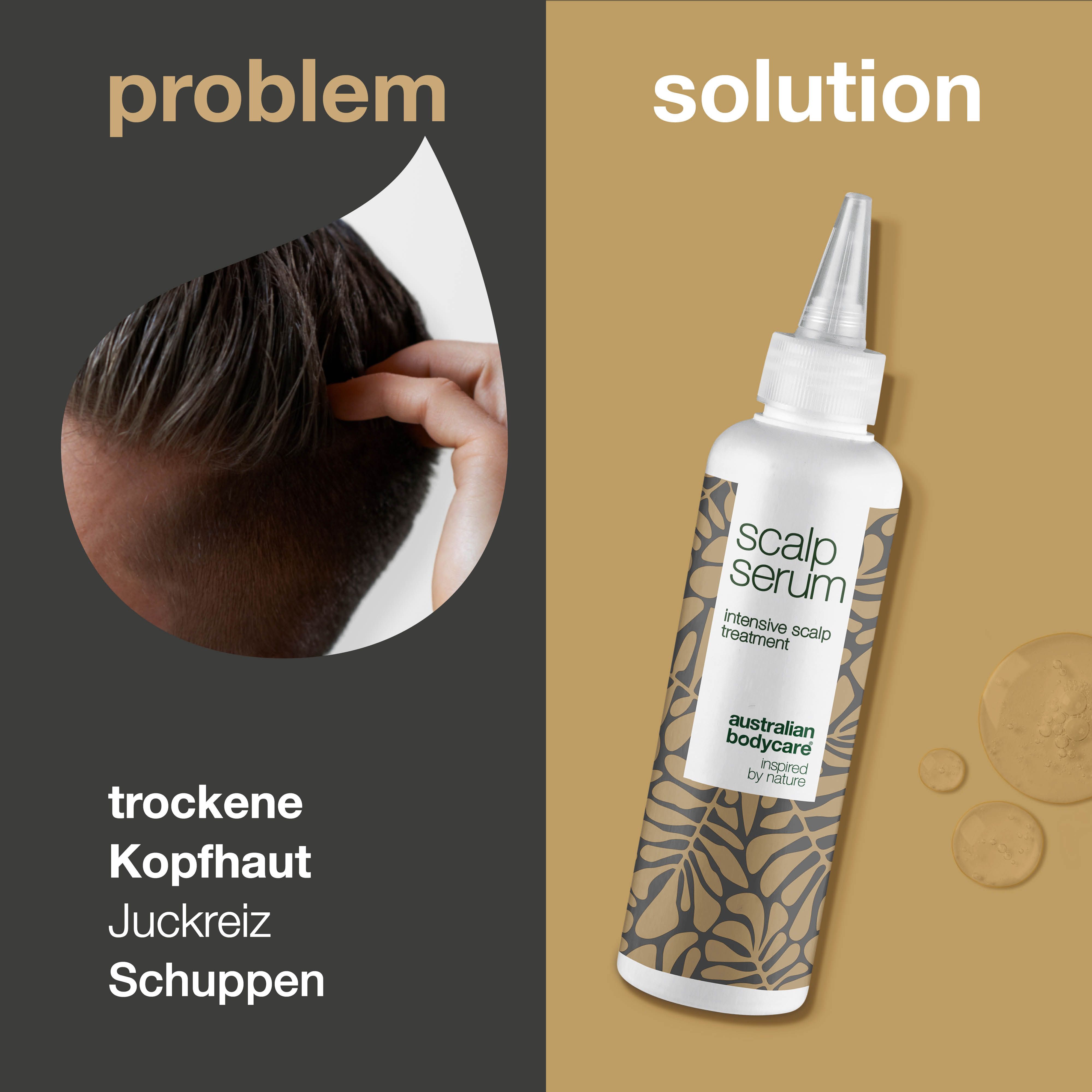 Problem-Lösung-Bild. Kopfhautserum-Flasche. Text: Kopfhautprobleme und Lösung.