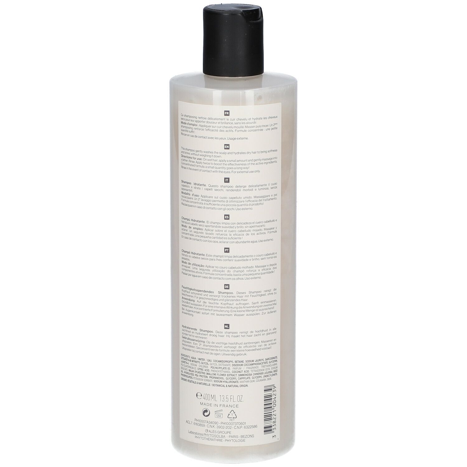 Dos d'un flacon de shampooing. Texte en plusieurs langues. Inscription: PHYTO, 400ml, 13.5 FL OZ.