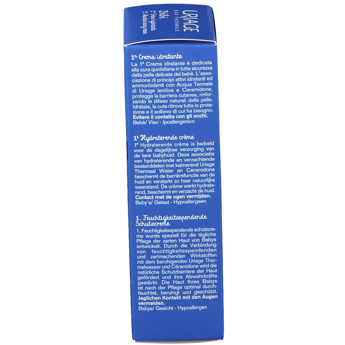Boîte pliante bleue avec texte multilingue. Contient des informations sur le produit et les ingrédients.