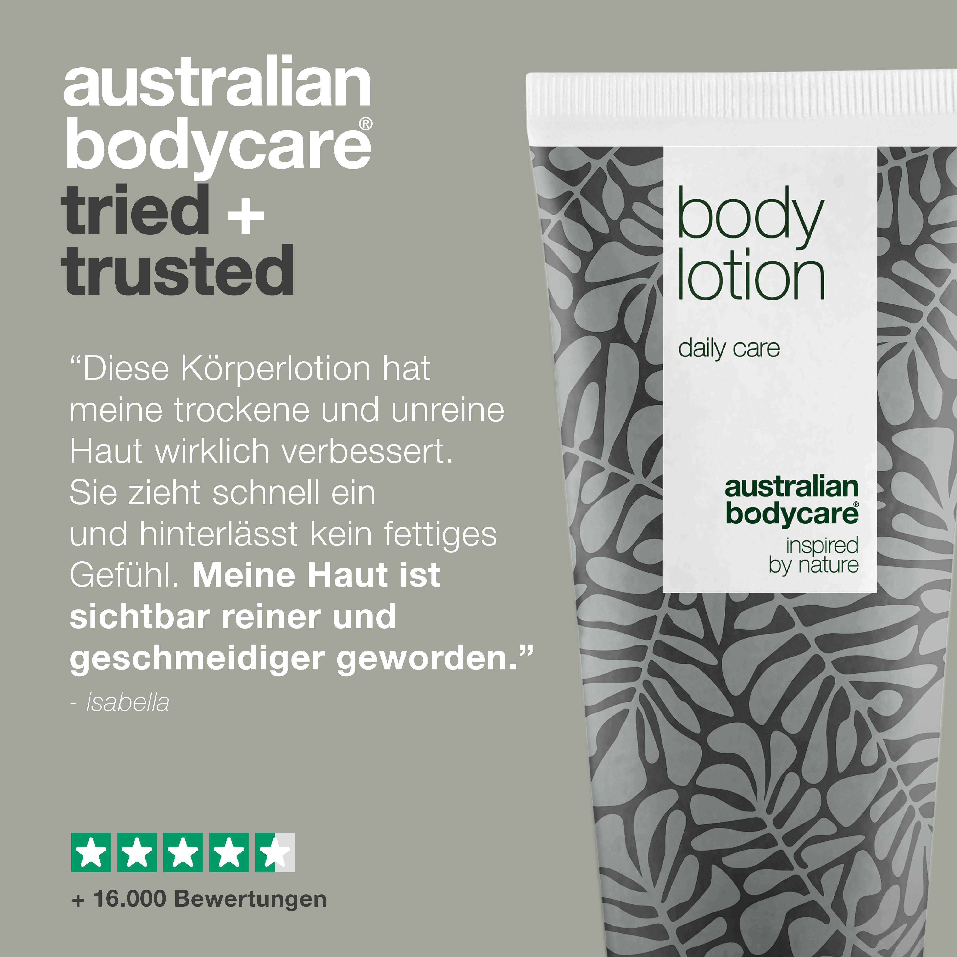 Tuben-Produkt. Aufschrift: body lotion, daily care. Logo: Australian Bodycare. Text: Getestet und von Dermatologen bestätigt.