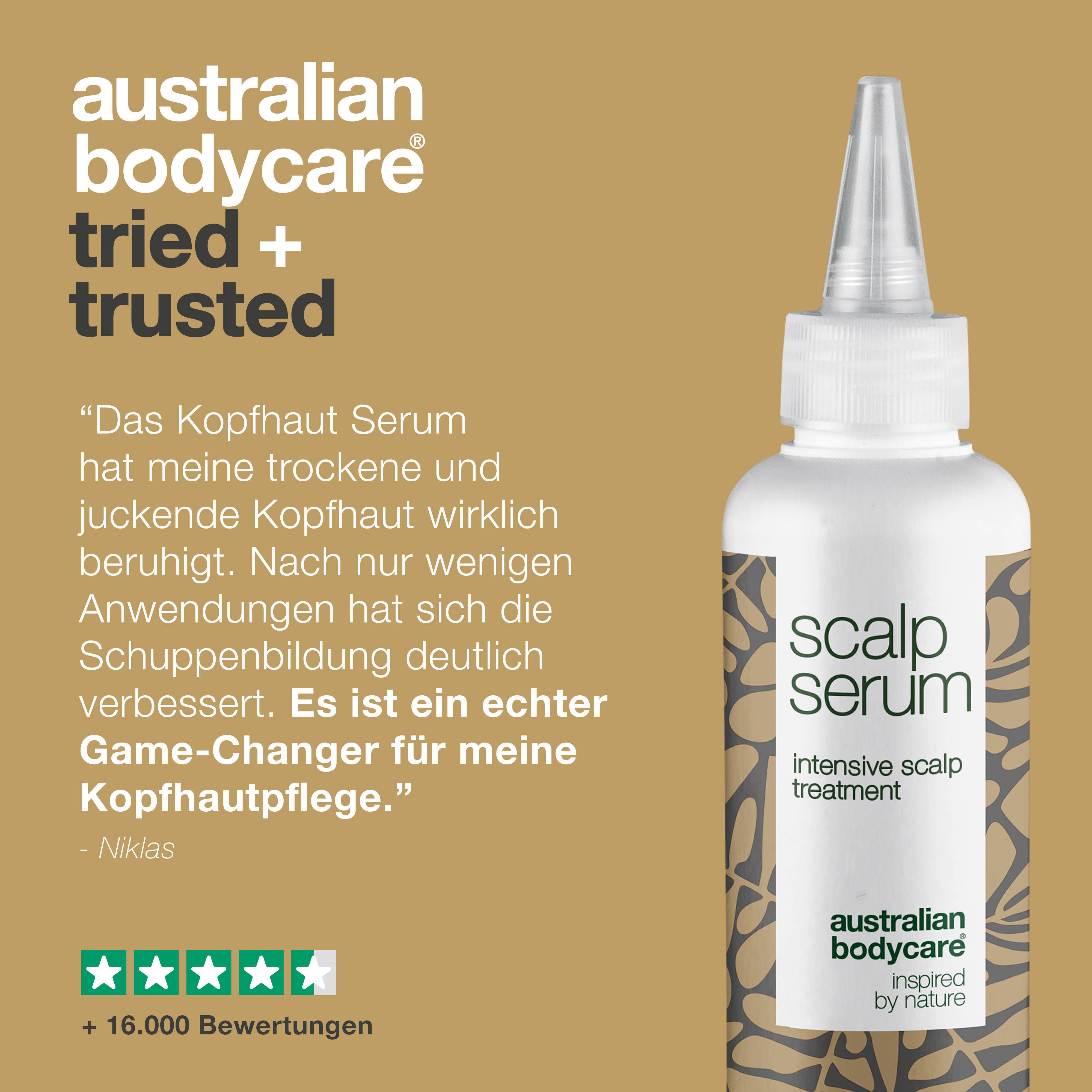 Kopfhautserum-Flasche. Text: Getestet und bewährt. Zitat und Bewertungen.