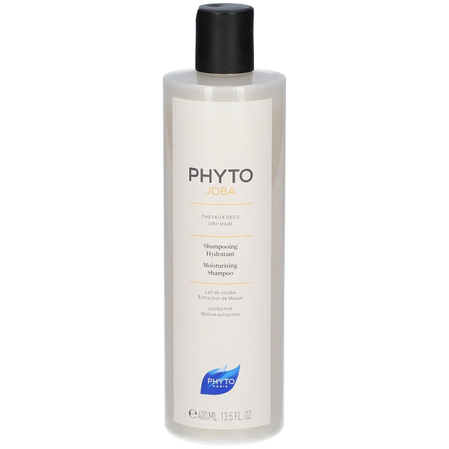Flacon de shampooing beige à bouchon noir. Inscription: PHYTO JOBA, Cheveux Secs, Shampooing Hydratant, 400ml.