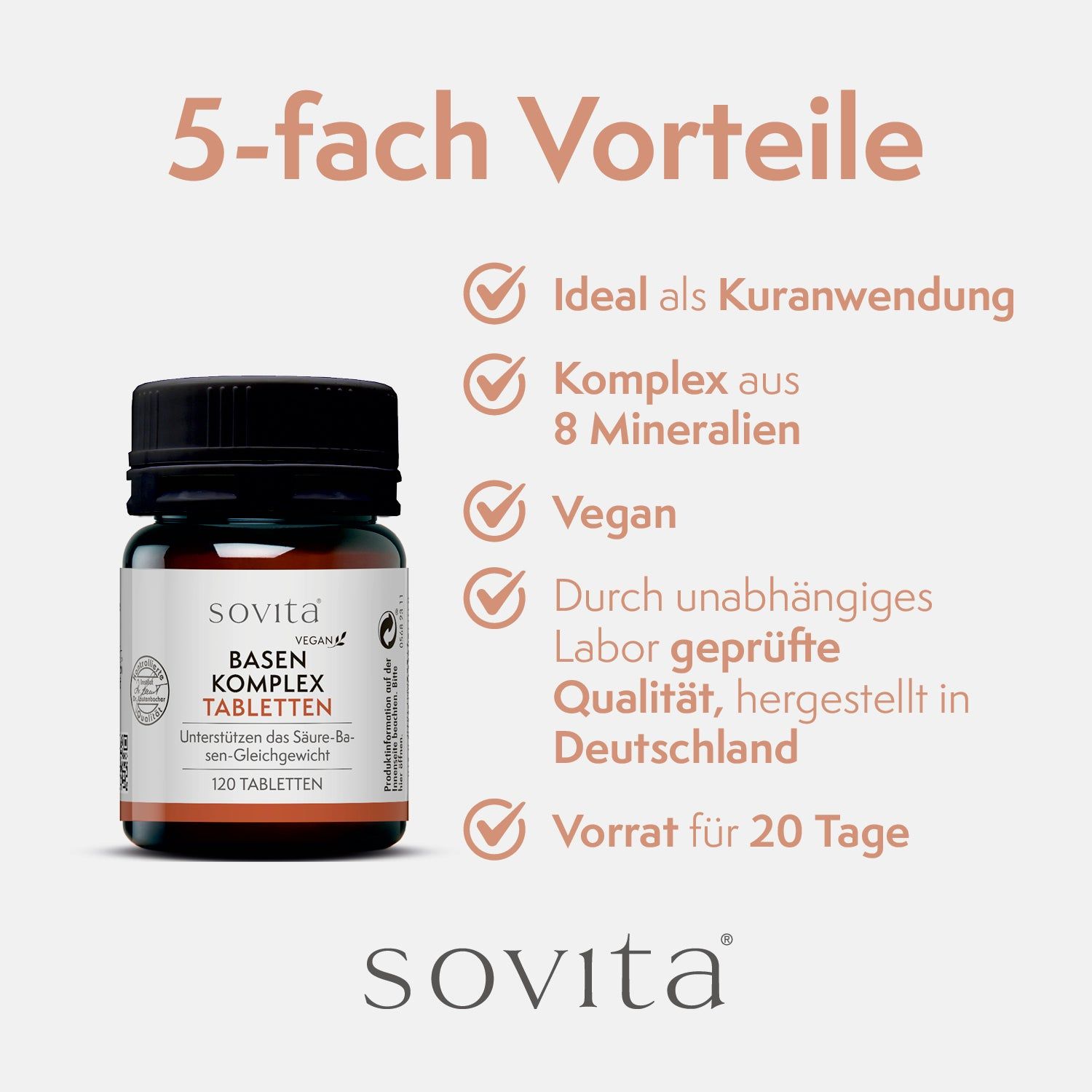 Braune Glasflasche mit schwarzen Deckel. Aufschrift: sovita, Basen Komplex Tabletten, 120 Tabletten. 5 Vorteile.